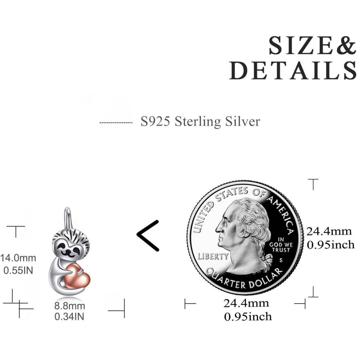 Größen- und Detailstabelle für einen Anhänger aus S925-Sterlingsilber, neben einem Cent zur Größenvergleich gezeigt; Anhänger misst 14,0 mm mal 8,8 mm, Cent-Durchmesser 24,4 mm.