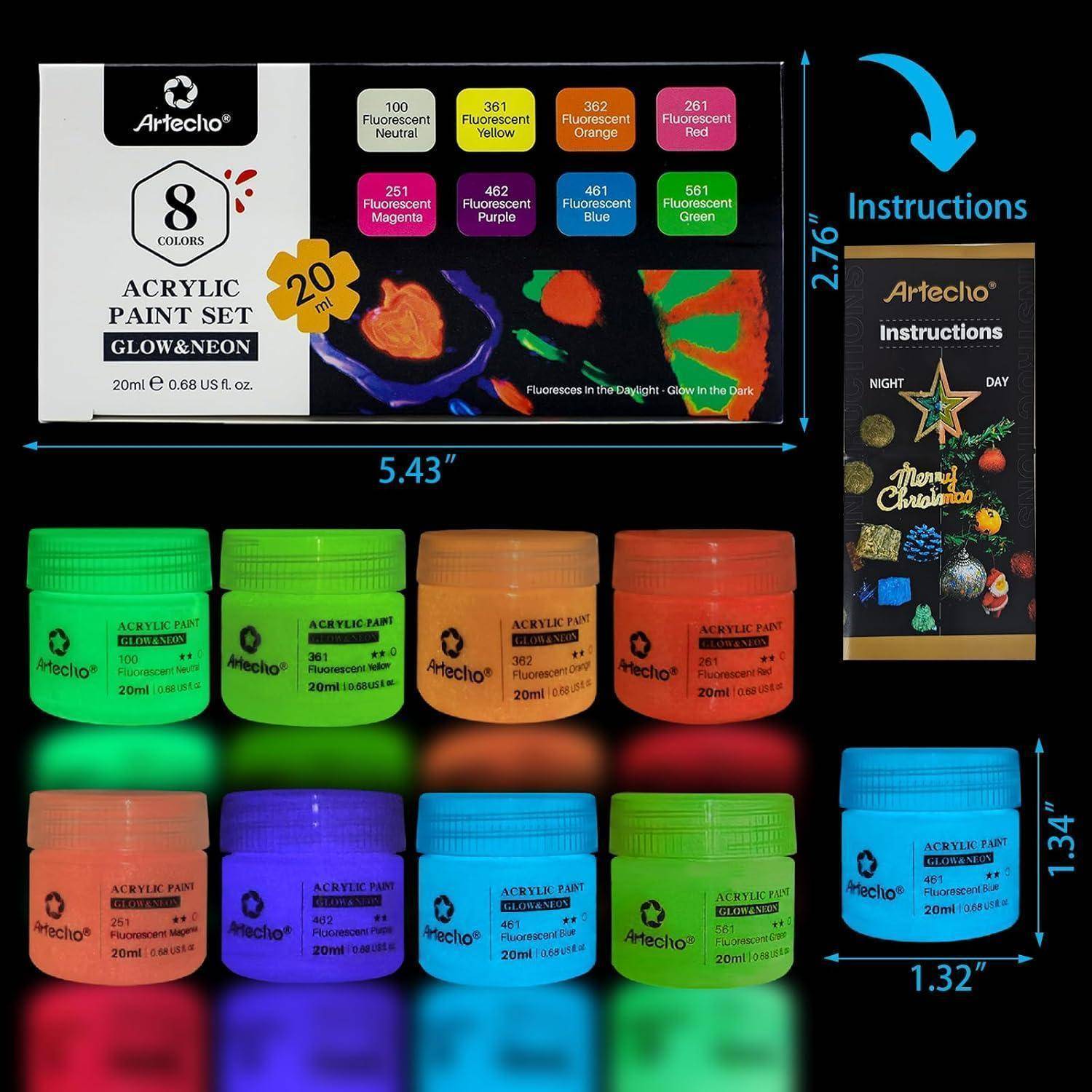 Artechio 8-Farben-Acrylmalset mit Glow- und Neon-Farben, abgebildet in Box und acht kleinen Gläsern mit Farbmustern; enthält ein „Anleitung