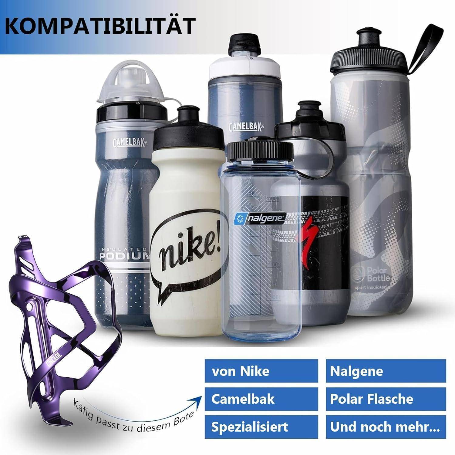 Kompatibilitätsbild mit einem violetten Flaschenhalter und verschiedenen Wasserflaschen, mit deutschem Text „Käfig passt zu diesem Bote
