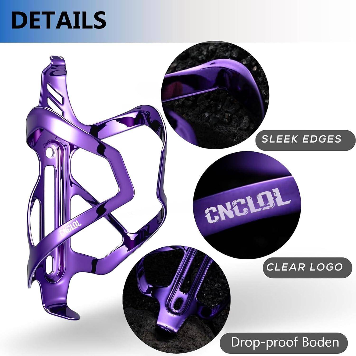 Violetter Fahrrad-Flaschenhalter mit Nahaufnahme-Details, beschriftet mit 
