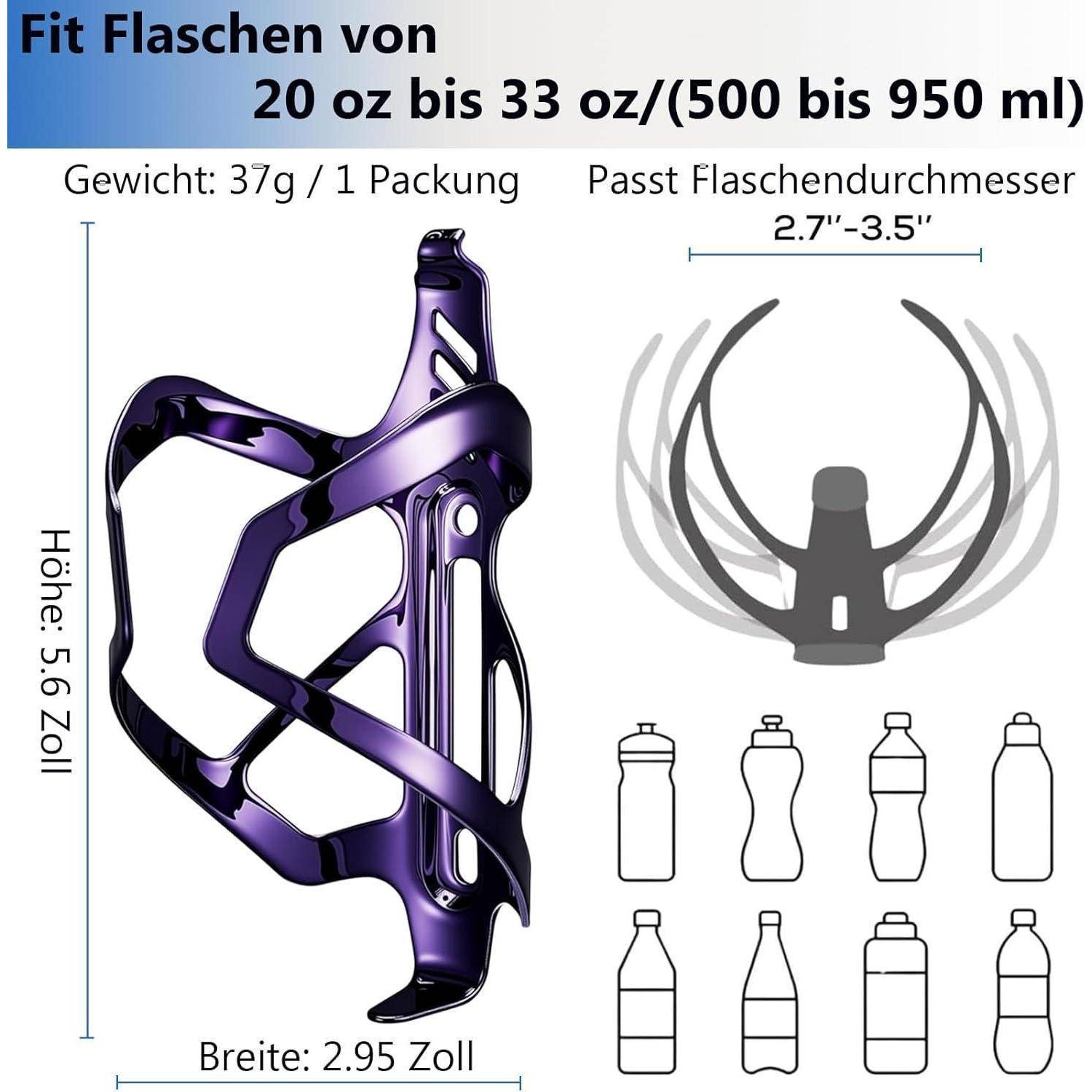 Flaschenhalter passt für 20-33 oz (500-950 ml) Flaschen; Gewicht 37 g. Abmessungen: 5,6