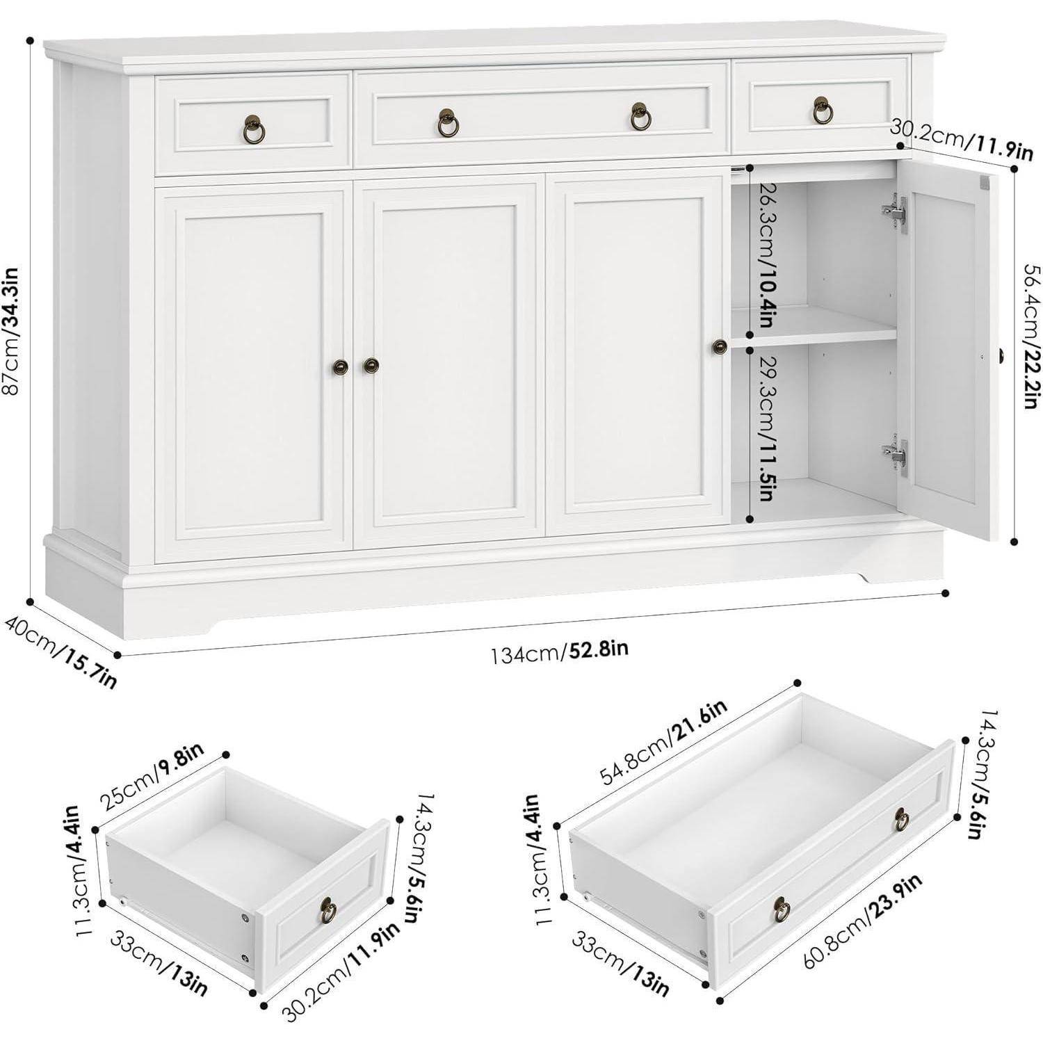 Weißer Holz-Sideboard-Schrank mit drei Türen und drei oberen Schubladen, gezeigt mit einer offenen Tür und zwei Schubladeneinsätzen darunter, plus dimensionierte Schubladenkomponenten und Maße.