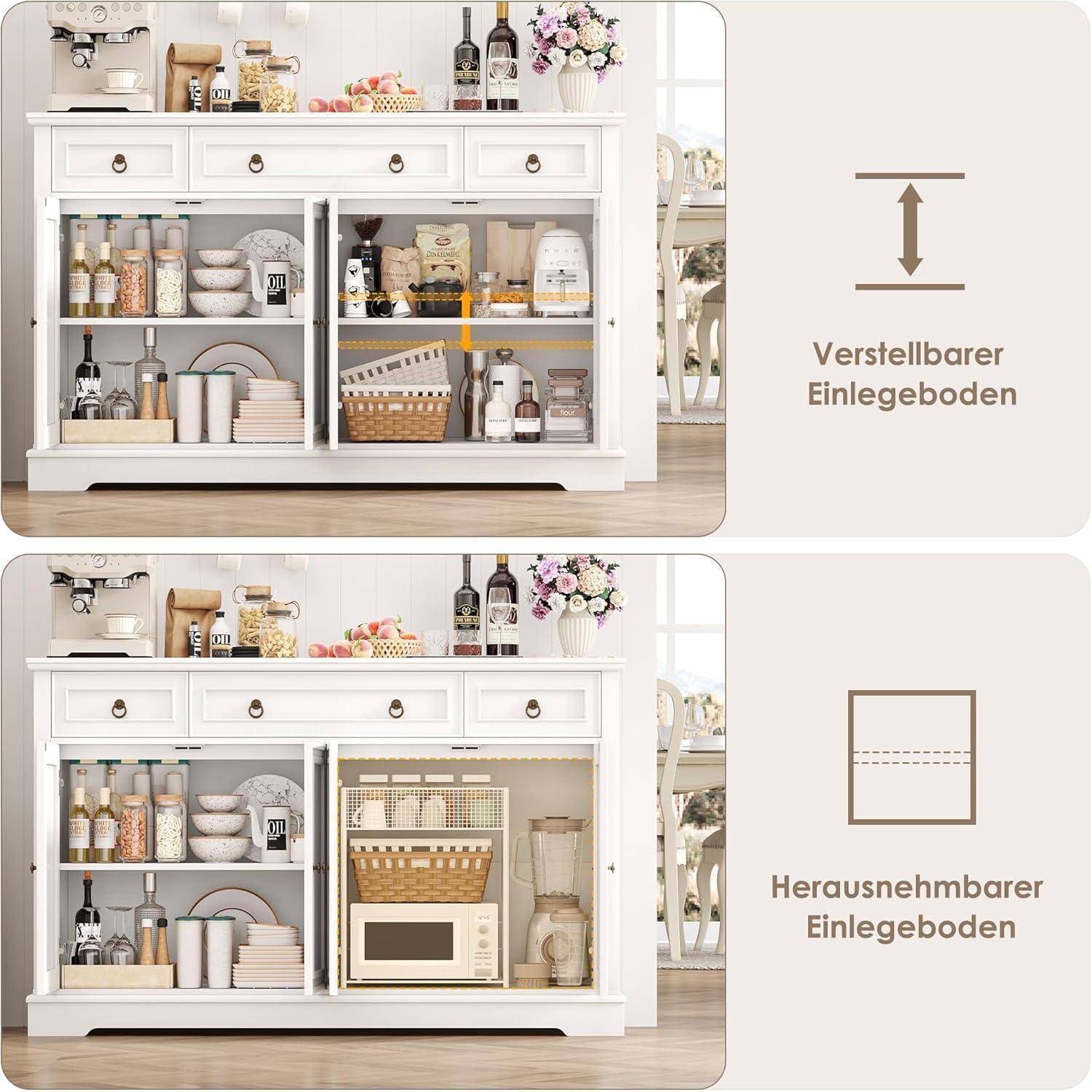 Sideboard Küchenschrank weiß 134x87x40 cm mit 3 Schubladen 4 Türen