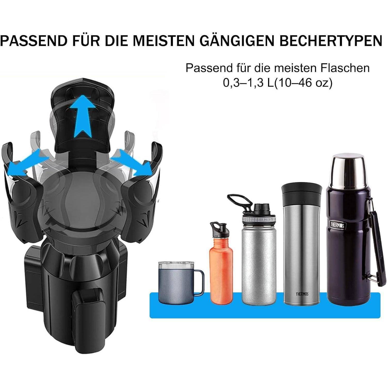 Verstellbarer Getränkehalter passt zu den meisten Getränkebehältern und Flaschen, gezeigt mit Pfeilen und Beispielflaschengrößen von 0,3–1,3 L (10–46 oz).