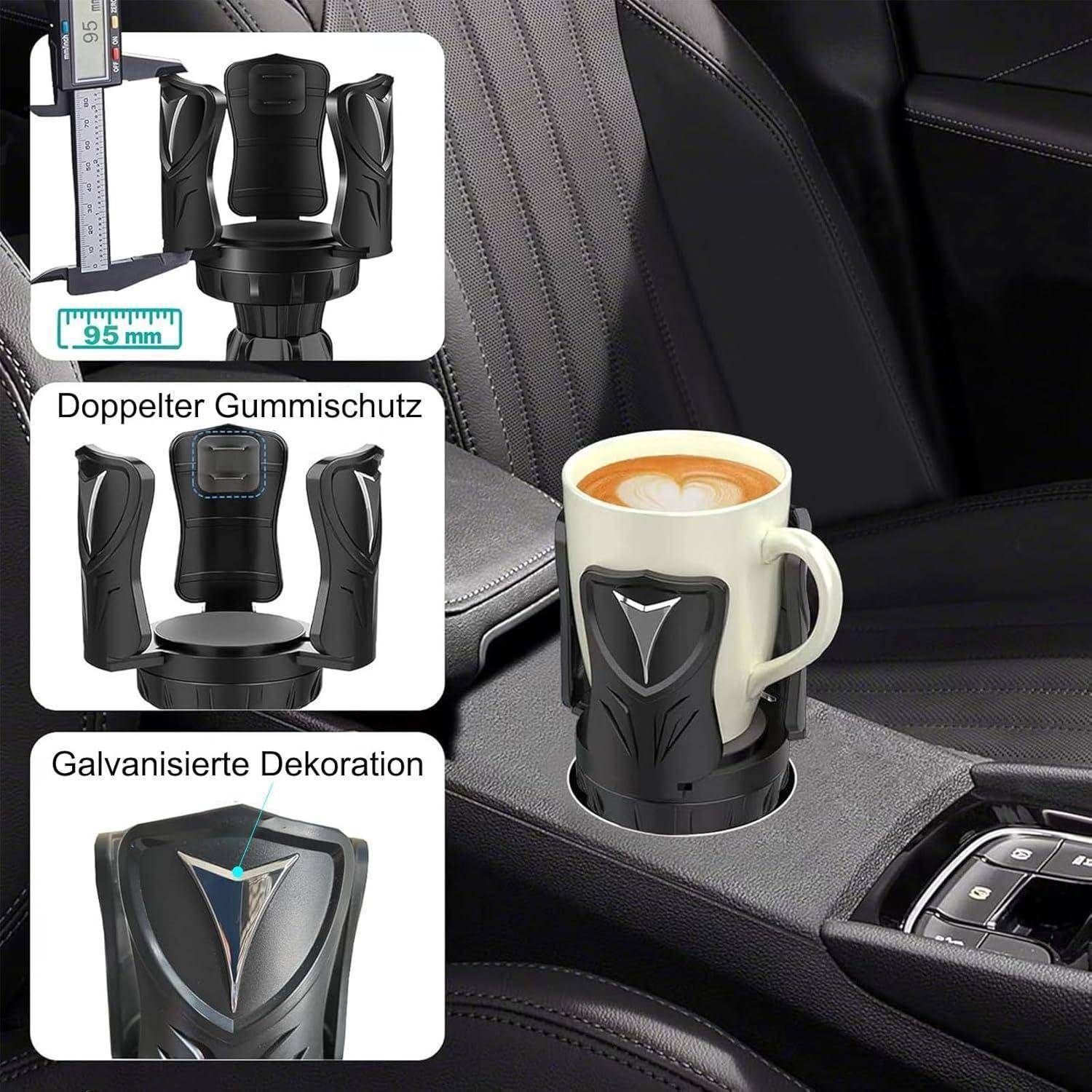 Autotasse-Halter-Zubehör mit verstellbarer Klemme und Gummischutz, mit einer Tasse gefüllt; Einsatzbilder zeigen 95-mm-Passform, doppelte Gummischutzvorrichtung und dekorative Oberfläche.