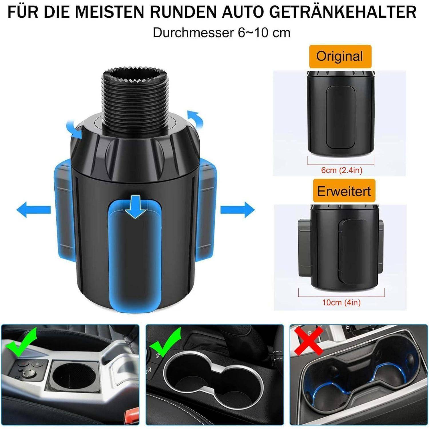 Produktbild eines verstellbaren Getränkehalter-Verlängerers für Autos für die meisten Fahrzeuge, passend für 6-10 cm Getränkehalter, mit Größenvergleichen 