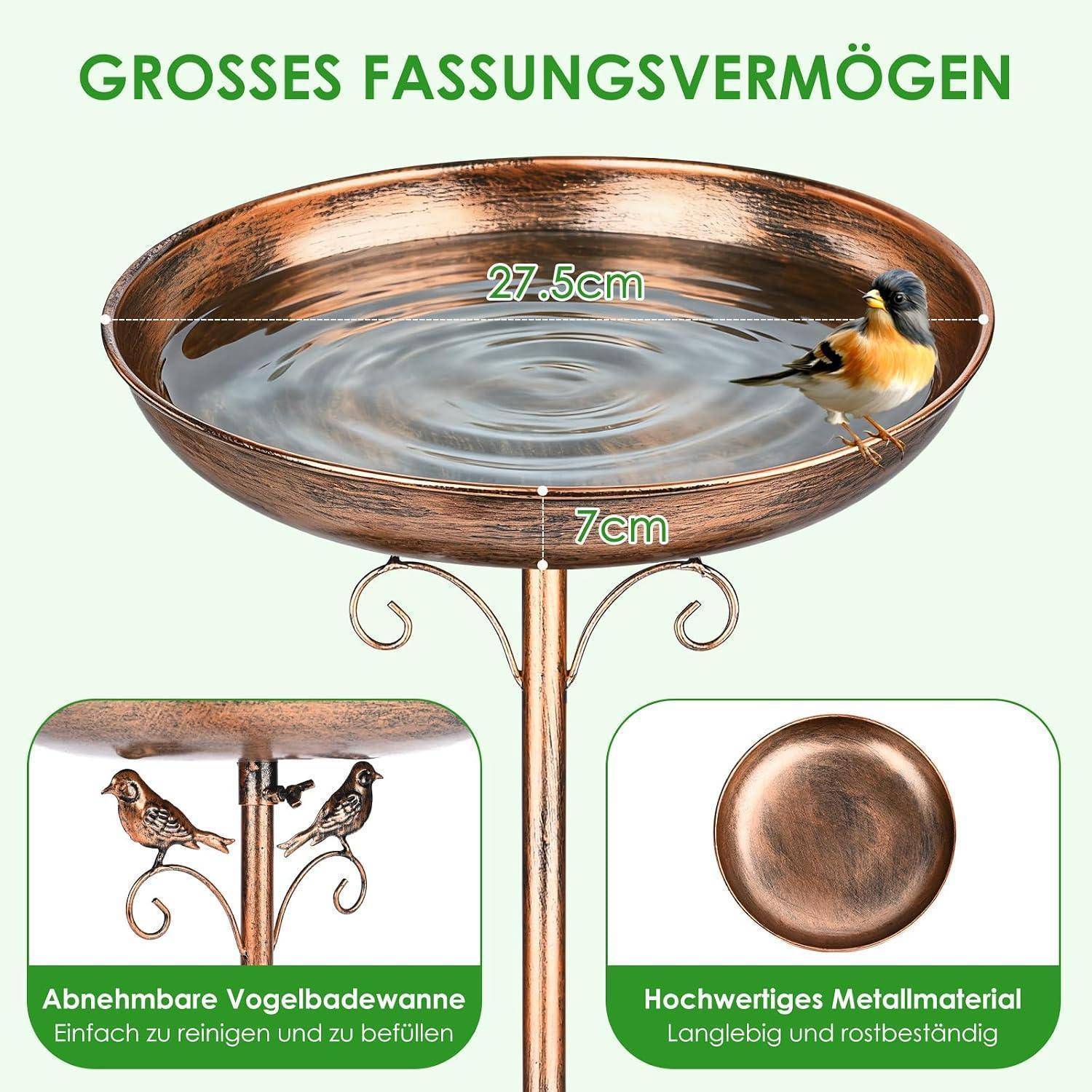Vogeltränke-Produktbild zeigt ein kupferfarbenes Metallbecken mit Vogelverzierung, beschriftet mit 27,5 cm Breite und 7 cm Tiefe; Detailausschnitte zeigen abnehmbare Wanne und haltbares, rostbeständiges Material.