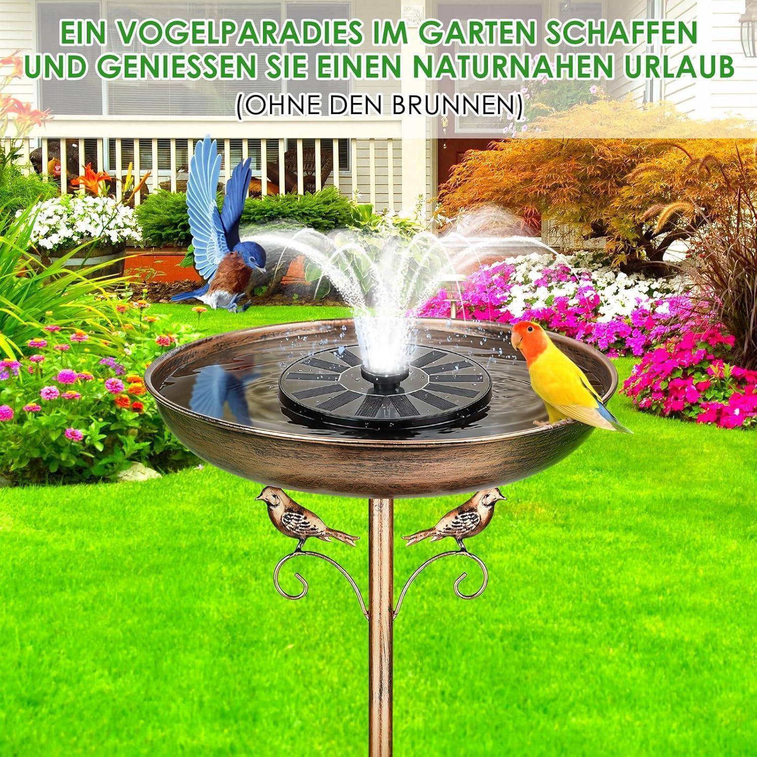 Vogelbad-Brunnen in einem farbenfrohen Garten mit Vögeln, das ein 