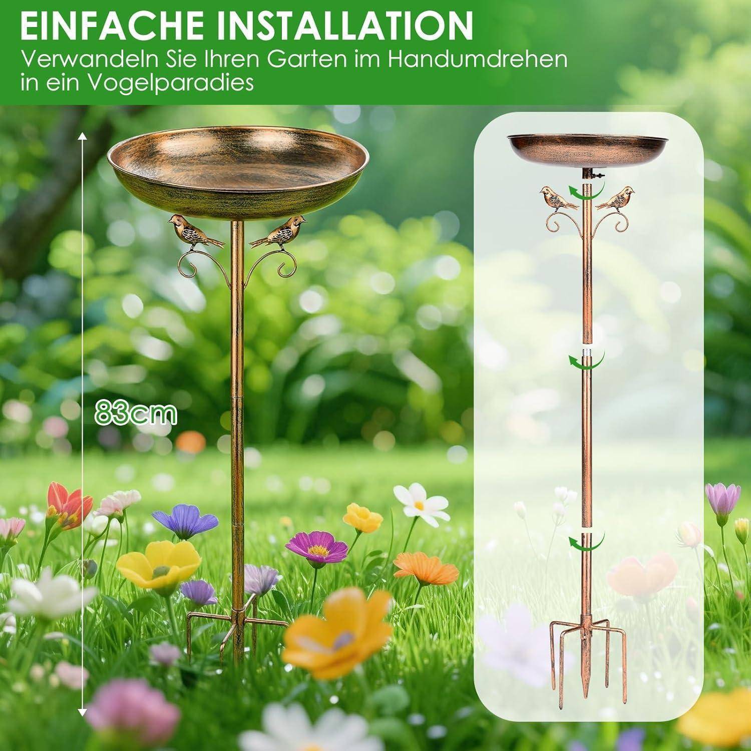 Plakat mit einem Kupfer-Vogelbad auf einem 83 cm hohen Ständer in einem Garten, mit deutschem Text „EINFACHE INSTALLATION