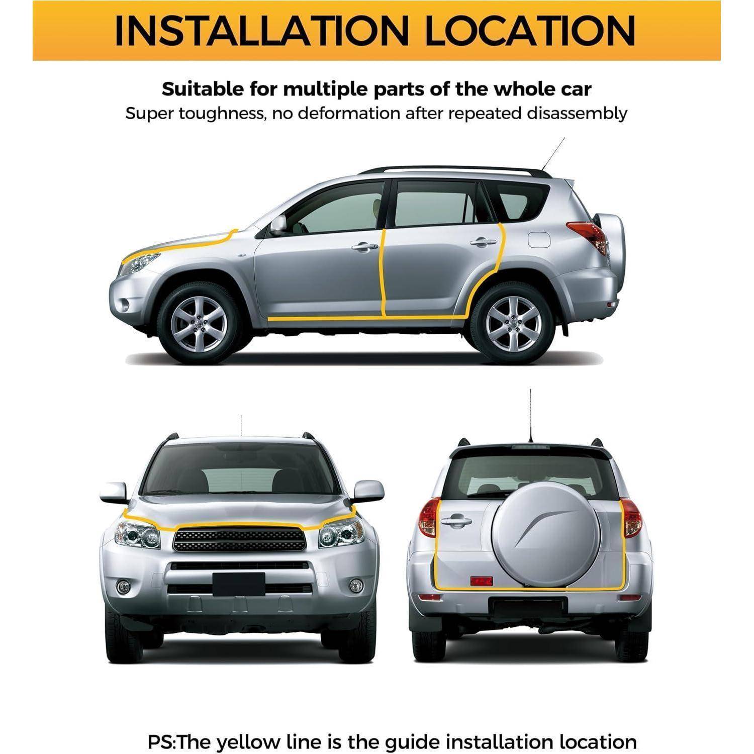 Infografik eines SUV mit gelben Hilfslinien für Installationsorte an der Seite, Vorder- und Rückseite; Text sagt 