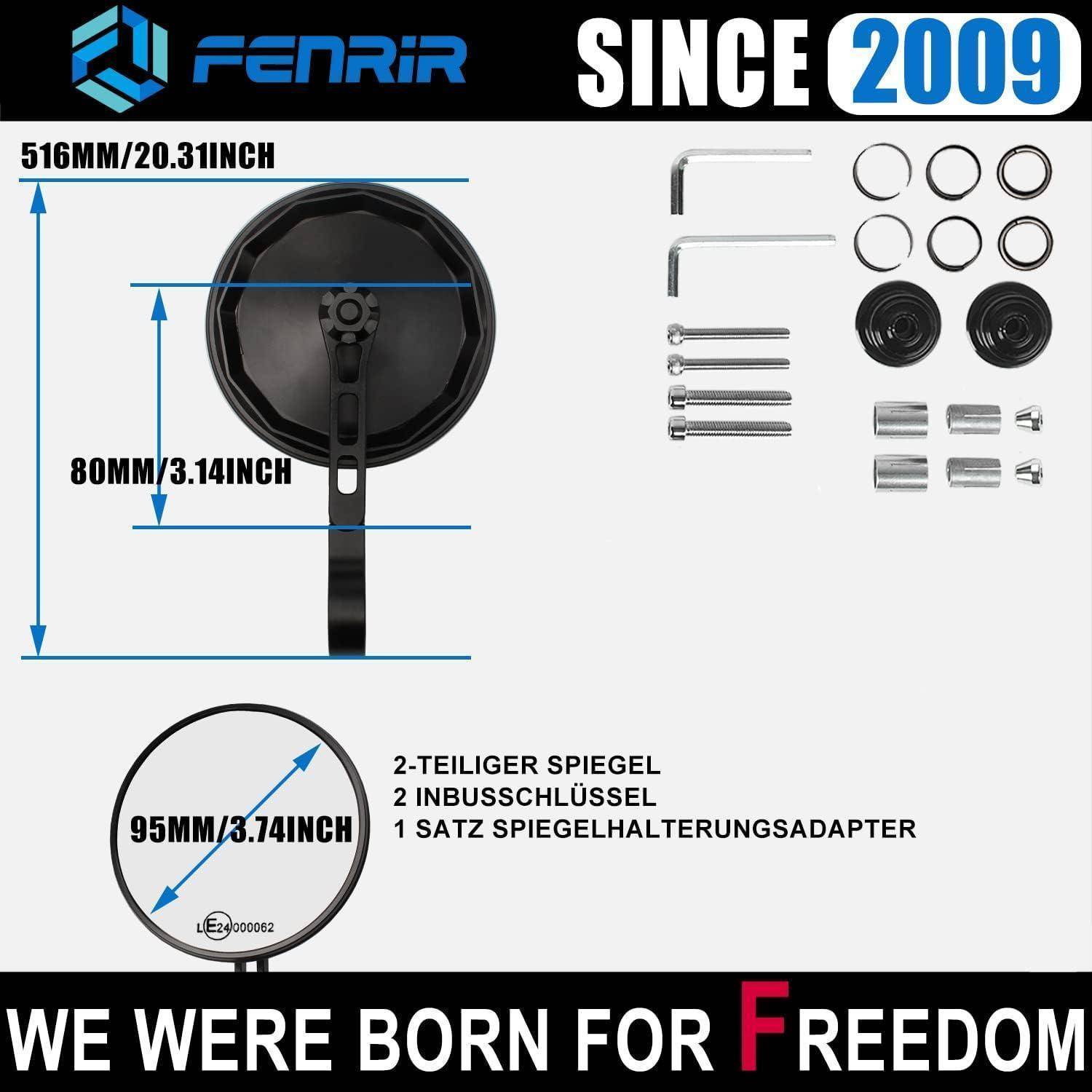 # FENRIR Motorrad-Spiegelset mit Abmessungen und enthaltenen Teilen; Text sagt „WIR WURDEN FÜR FREIHEIT GEBOREN