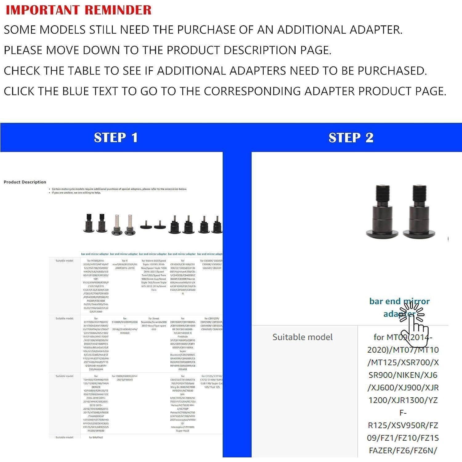Anleitung zur Überprüfung, ob ein zusätzlicher Adapter erforderlich ist, mit Schritt 1: Überprüfen Sie die Produktbeschreibungstabelle, und Schritt 2: Klicken Sie auf den blauen Text für die entsprechende Adapter-Produktseite.