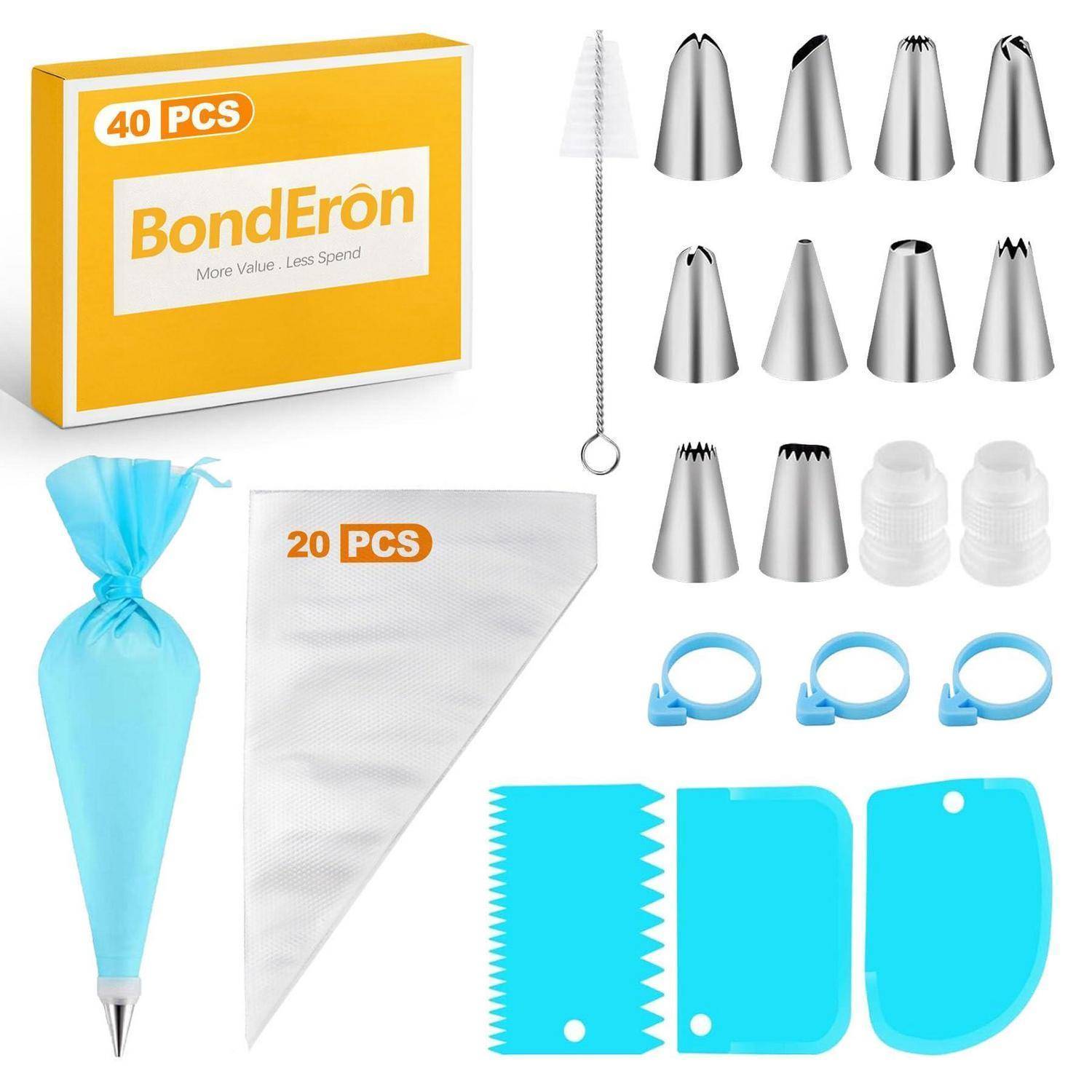 Kuchen-Dekorationset mit '40er' Spritztülle, wiederverwendbarem Spritzbeutel, 20 Einwegbeuteln, Kupplungsstücken, Reinigungsbürste und Kunststoffschabern.