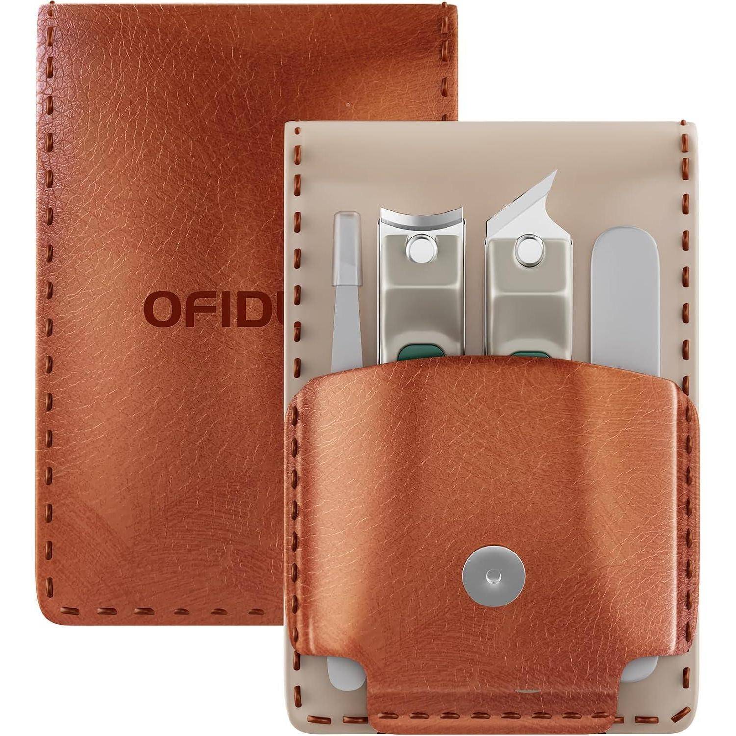 Braunes Lederetui für Maniküre-Set mit der Aufschrift „OFID