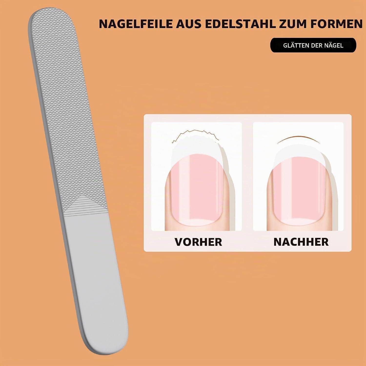 Illustration einer Edelstahlfeile zum Formen von Nägeln mit Vorher-und-Nachher-Beispielen für Nägel mit den Beschriftungen 