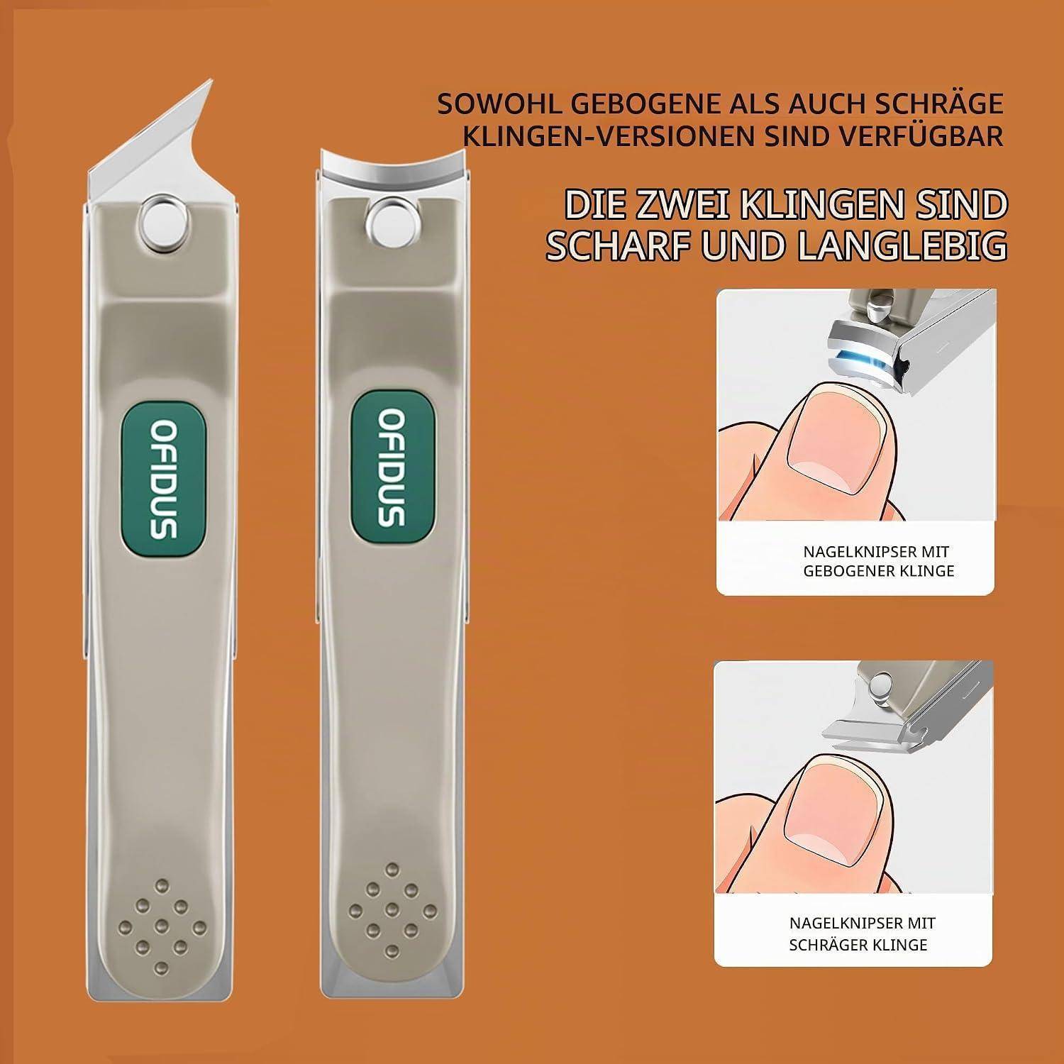 # Produktgrafik zweier OFDUS-Nagelknipser, die gekrümmte und gewinkelte Klingenversionen zeigen, mit eingefügten Illustrationen, wie jede Klinge einen Fingernagel schneidet, und deutschem Text über scharfe, langlebige Klingen.