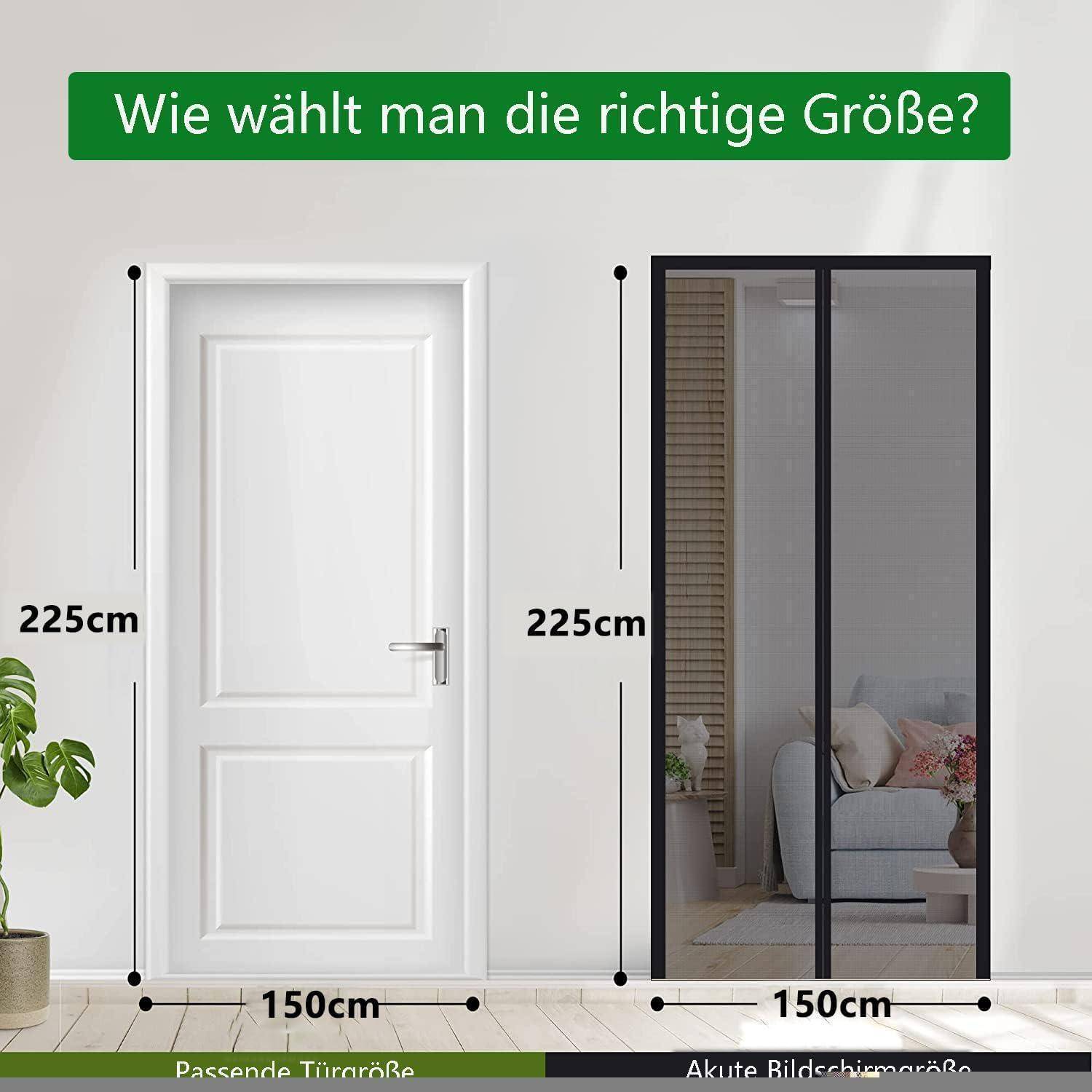 Größenleitfaden-Grafik mit dem Titel „Wie wählt man die richtige Größe?" mit einer Höhe von 225 cm und einer Breite von 150 cm für eine Tür- oder Schiebeschrankversion.
