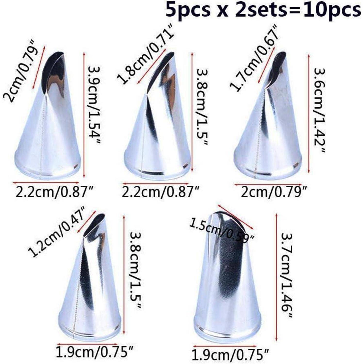 Größentabelle für 5 kegelsförmige Metall-Spritztülle, gekennzeichnet mit 5er x 2er Set = 10er Set, mit Angabe der Höhe und des Basisdurchmessers jeder Tülle in cm und Zoll.