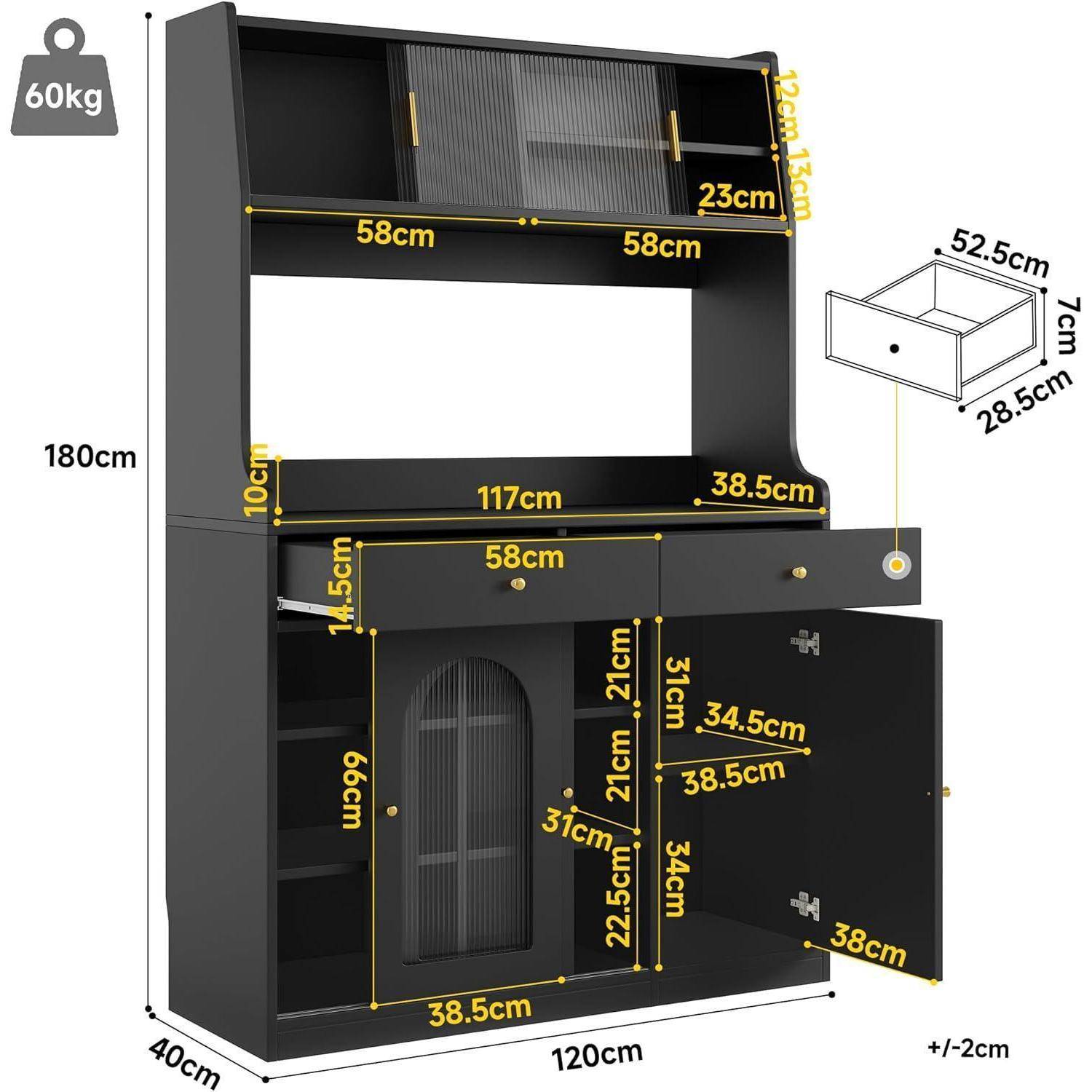 Maßzeichnung eines schwarzen Küchenbuffets: 180 cm hoch, 120 cm breit, 40 cm tief, mit beschrifteten Maßen für Schrank, Schublade und Regal sowie Symbol für 60 kg Tragfähigkeit.