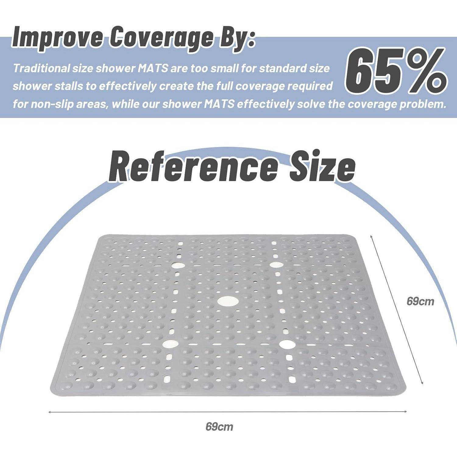 Duschmatte-Produktgrafik mit der Aussage „Verbesserung der Abdeckung um: 65%"; zeigt eine Referenzgrößen-Matte von 69 cm x 69 cm für Standard-Duschkabinen.