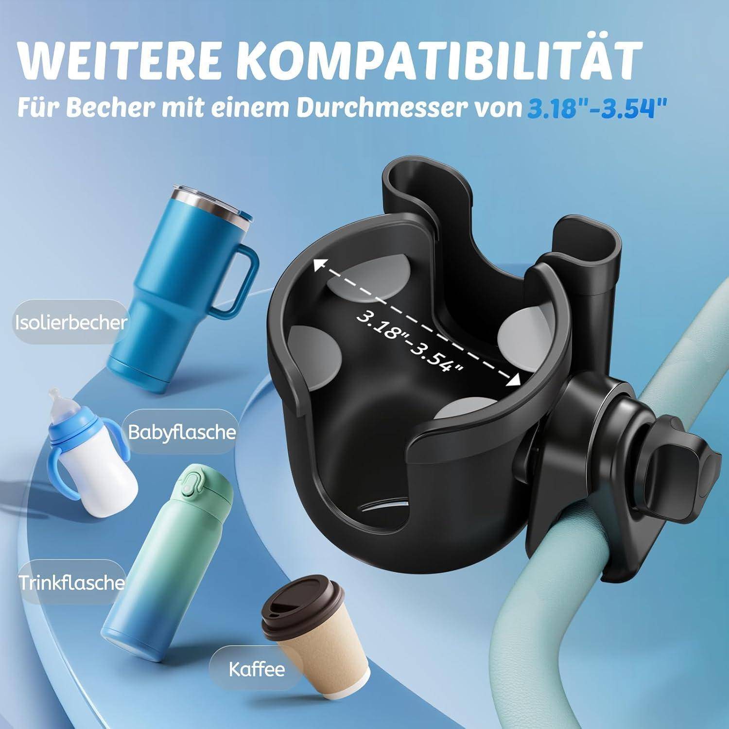Produktkompatibilitätsgrafik, die eine Getränkehalterung für Becher mit einer Breite von 3,18-3,54 Zoll zeigt, mit Beispielen für Thermosbecher, Babyflasche, Wasserflasche und Kaffeetasse.
