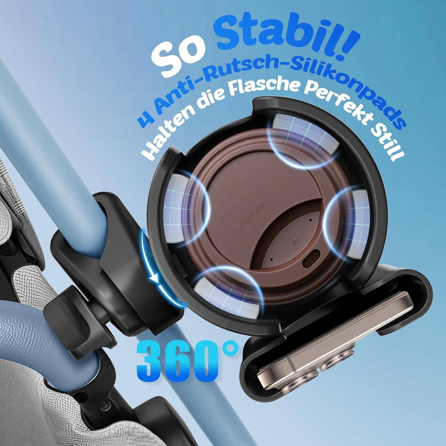 Nahaufnahme einer Kinderwagenbecherhalter-Klammer, die eine Reiseflasche an einem Lenker befestigt, mit deutschem Text, der einen stabilen, rutschfesten 360°-Flaschenhalter bewirbt.