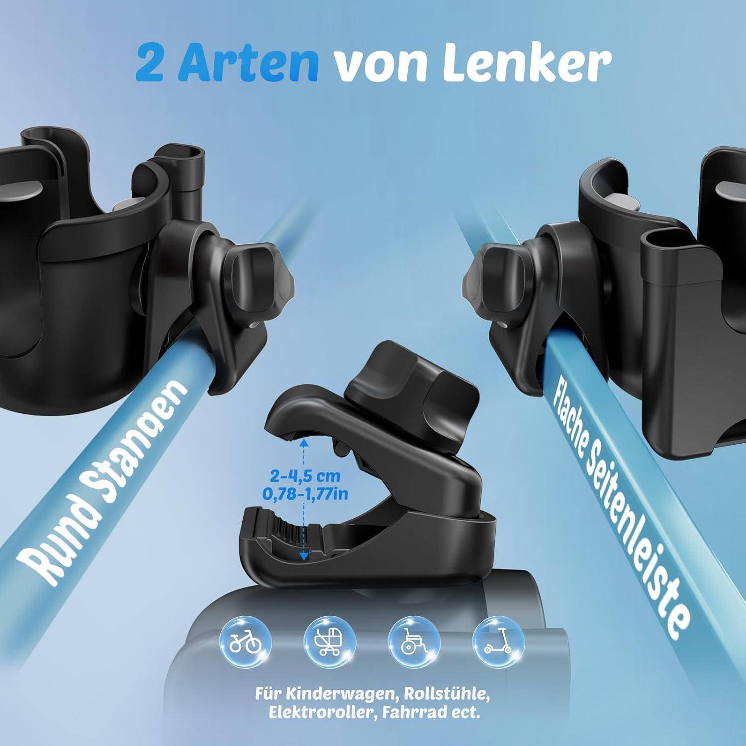 Diagramm mit 2 Arten von Lenkerklemmvorrichtungen: runde Klemmvorrichtung und flache Seitenplatte, mit einem Breitenbereich von 2–4,5 cm, für Kinderwagen, Rollstühle, E-Scooter und Fahrräder.