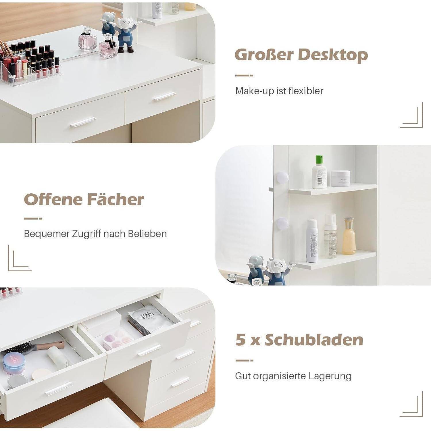 Werbegrafik eines weißen Make-up-Tisches mit großer Tischplatte, offenen Regalen und fünf Schubladen, beschriftet auf Deutsch: 'Großer Desktop', 'Offene Fächer' und '5 x Schubladen'.
