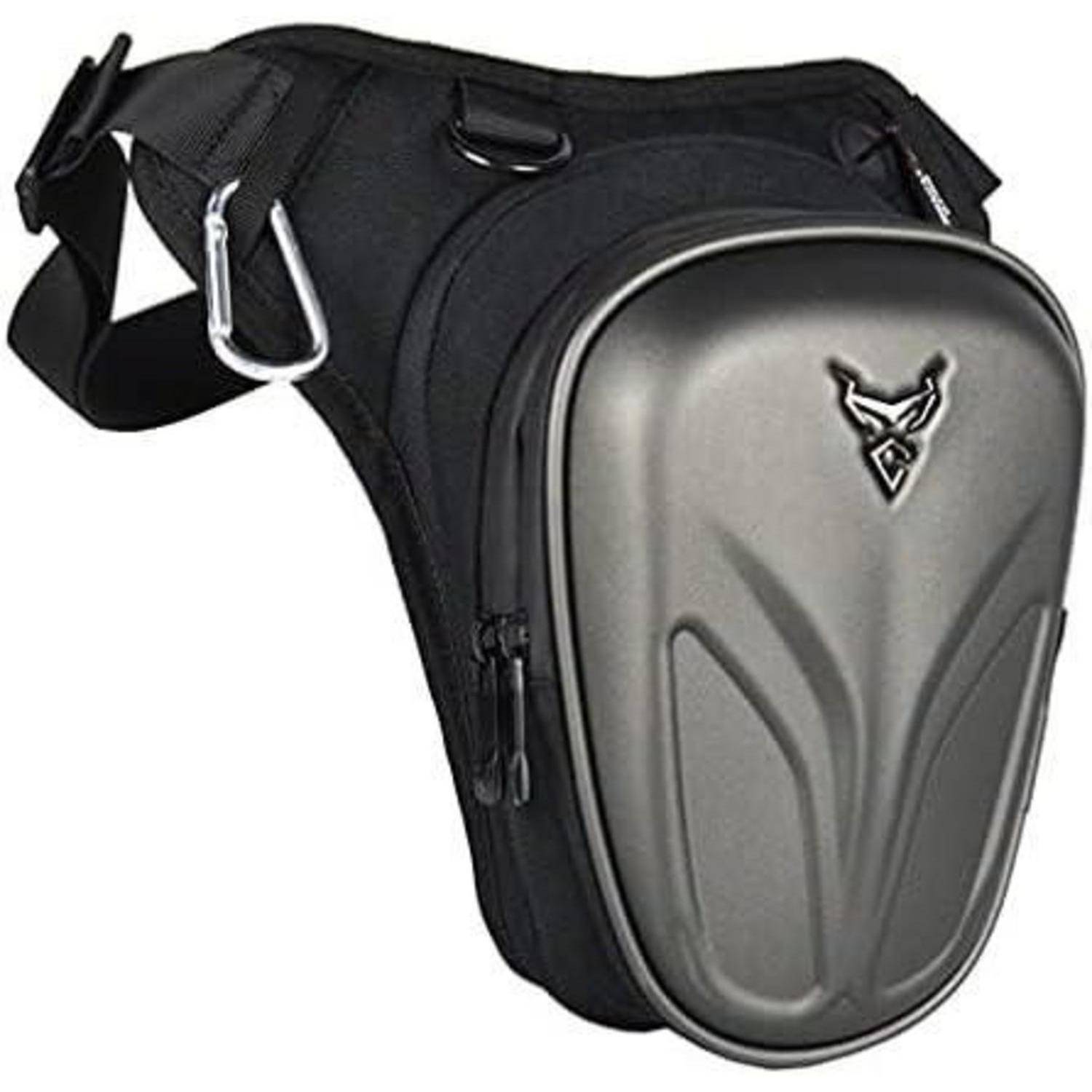 Schwarze Hüft- oder Beinbeutel mit verstellbarem Riemen und großer grauer Vordertasche mit Reißverschluss mit Logo, gezeigt auf weißem Hintergrund.