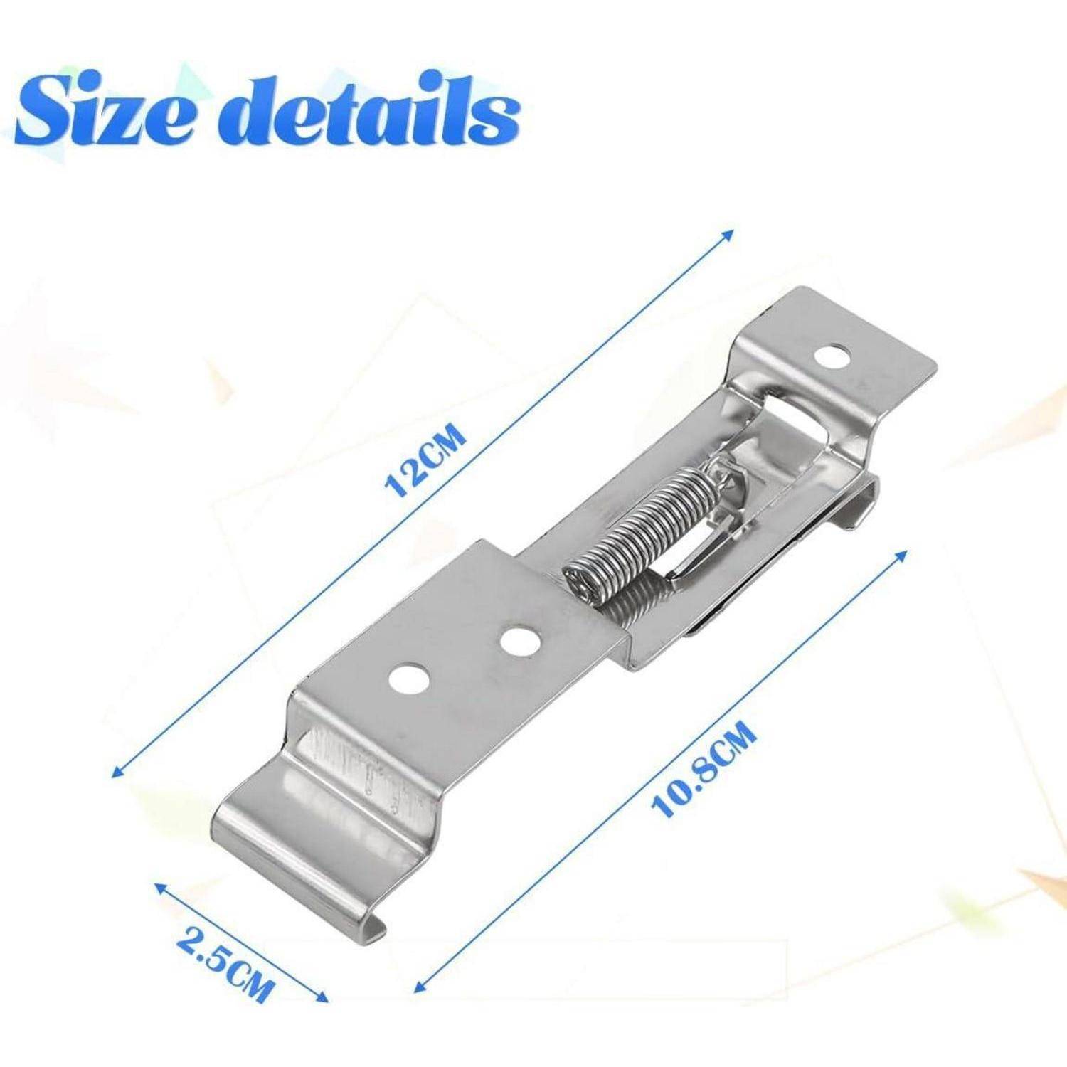 Größendetails-Diagramm einer Metallfedern-Schnappverschluss, mit einer Länge von 12 cm, einer Breite von 10,8 cm und einer Endbreite von 2,5 cm.
