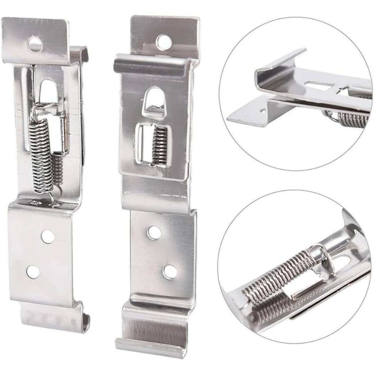 Metall-Schrank-Schnappschloss mit Feder, dargestellt in Vorder- und Seitenansicht, mit vergrößerten Ausschnitten des Federmechanismus.