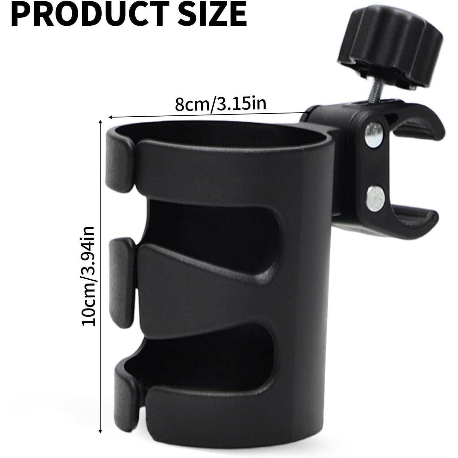 Größendiagramm einer schwarzen Clip-On-Getränkehalterung, das 8 cm Breite und 10 cm Höhe mit einer Klemmbefestigung zeigt.