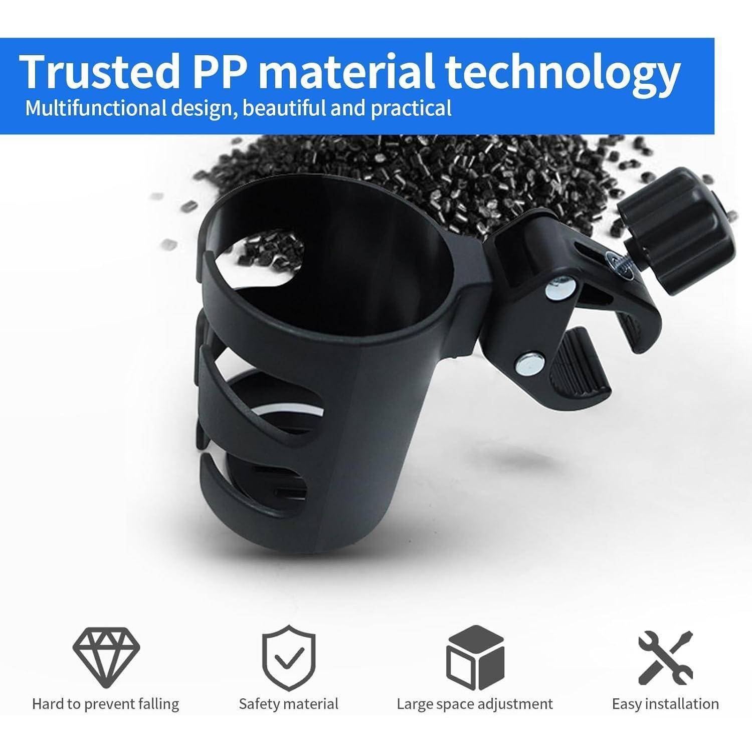 Schwarze verstellbare Klemmhalterung für Getränkebecher aus PP-Material, gezeigt mit Symbolen für Langlebigkeit, Sicherheit, großer Kapazitätsbereich und einfache Installation.