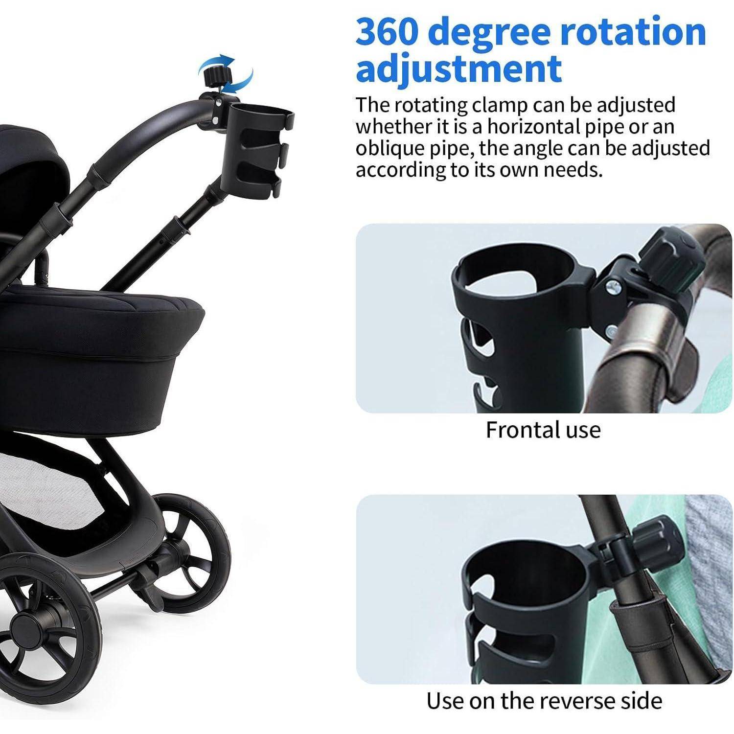 Getränkehalter für Kinderwagen mit 360-Grad-Drehklemme, abgebildet montiert auf einem Kinderwagenbügel, mit Nahaufnahmen, die die Verwendung von vorne und die Verwendung von der Rückseite zeigen.