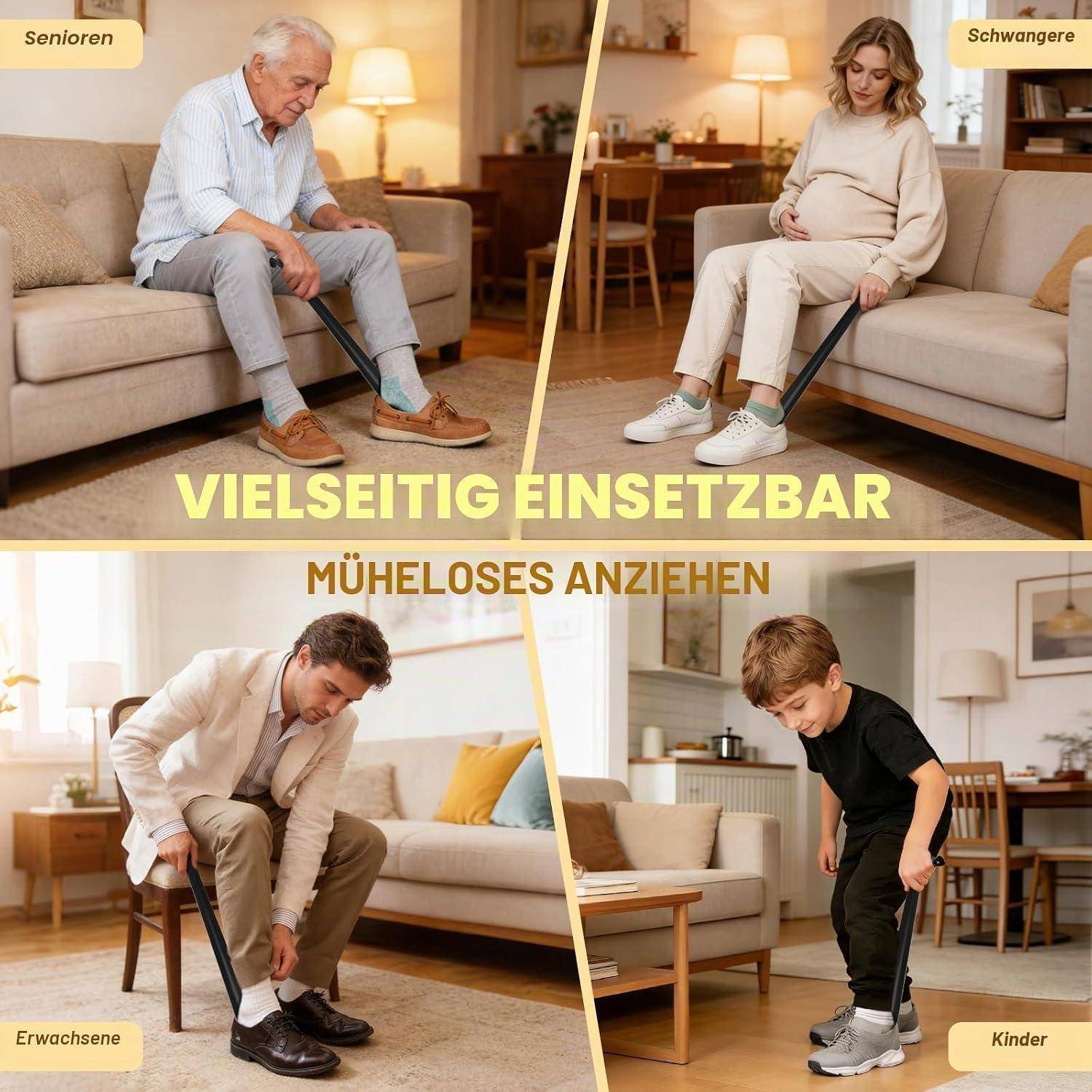 Promotionskollage mit Menschen verschiedener Altersgruppen, darunter ein Senior, eine schwangere Frau, ein Erwachsener und ein Kind, die mit Hilfe eines Schuhanzugshelfers Schuhe anziehen; der Text lautet „VIELSEITIG EINSETZBAR
