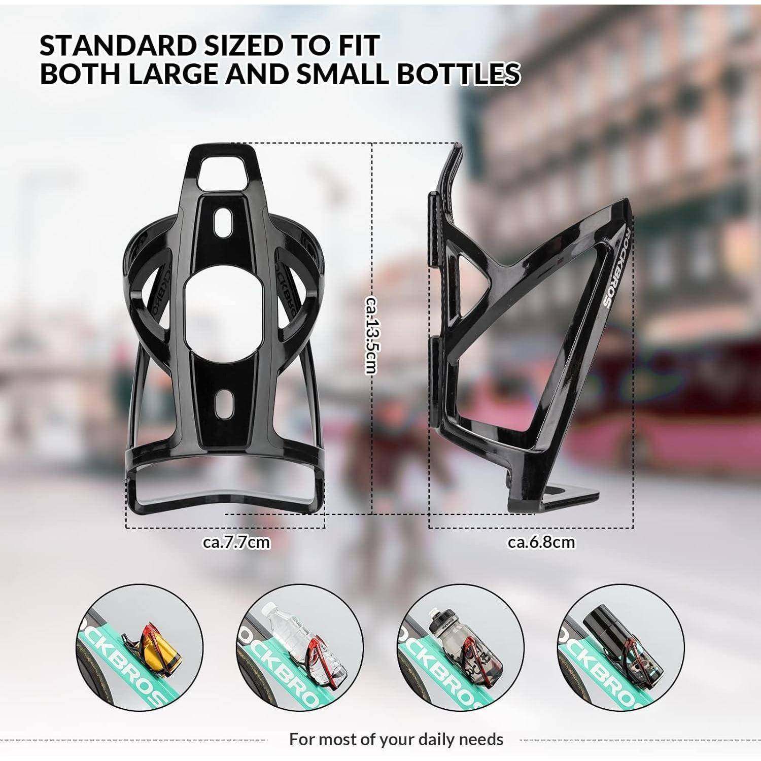 Produktbild zeigt einen schwarzen Fahrrrad-Flaschenhalter, der für große und kleine Flaschen geeignet ist, mit Größenmessungen und Beispielen von Flaschen, die im Halter gehalten werden.