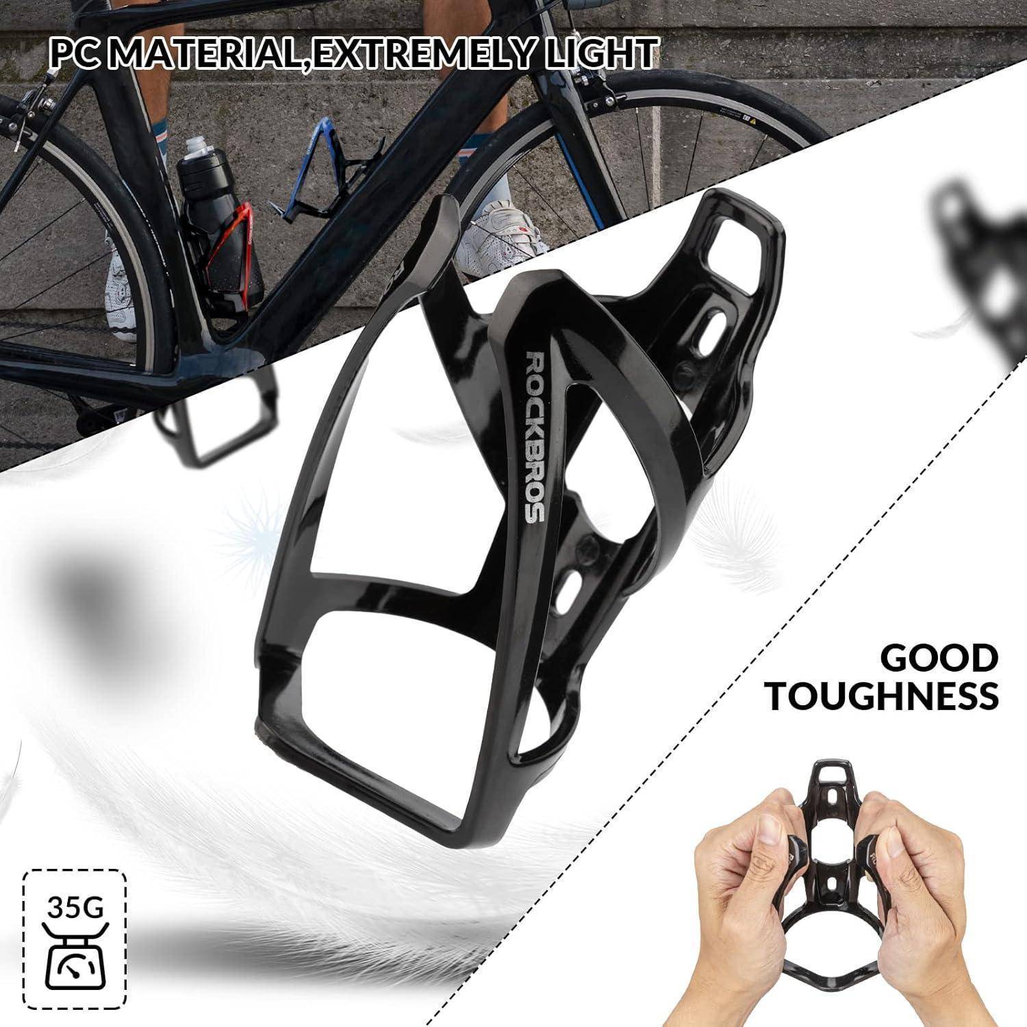 Werbebild eines schwarzen ROCKBROS Fahrrads Wasserflaschenhalters an einem Fahrrad, das „PC-MATERIAL EXTREM LEICHT