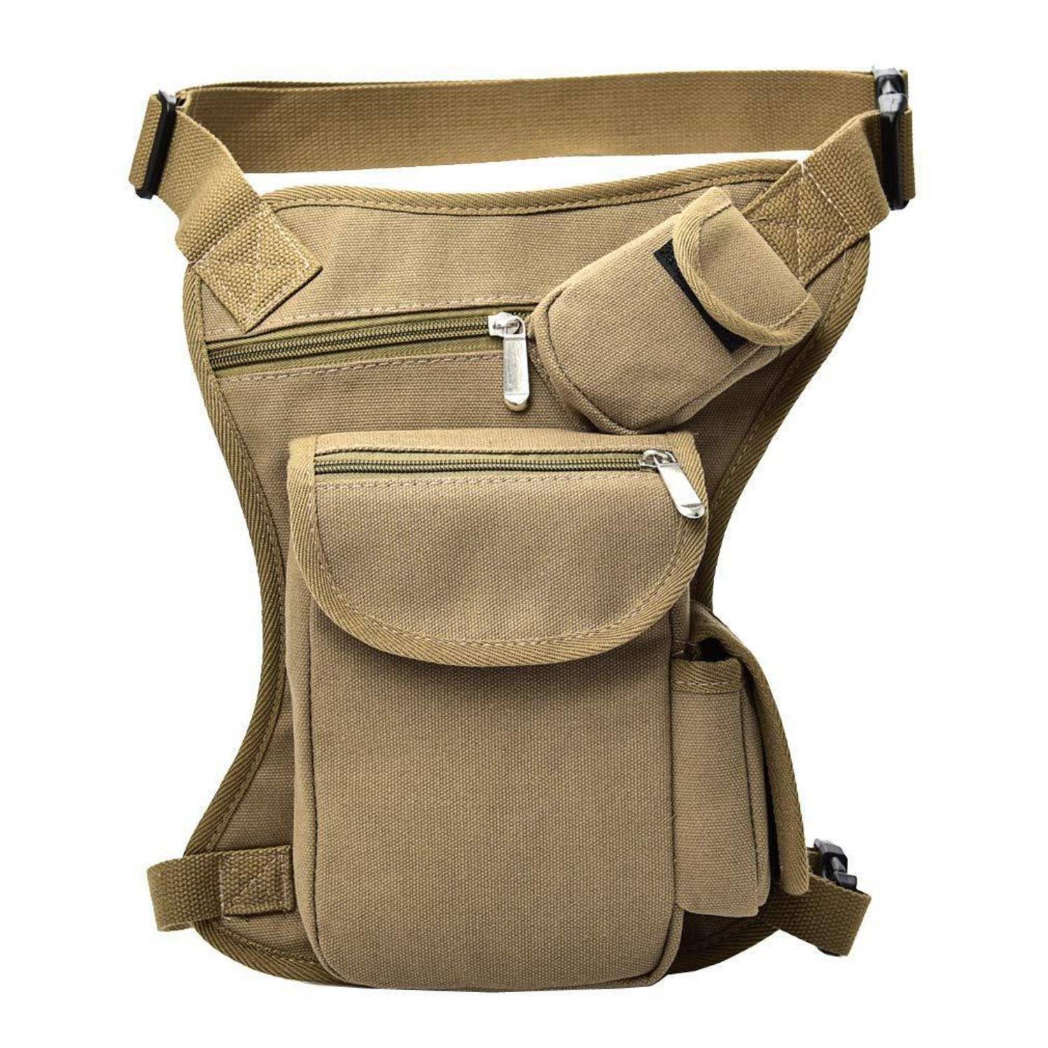 Taktische Oberschenkeltasche in Tan mit mehreren Reißverschlusstaschen und verstellbarem Riemen, auf weißem Hintergrund dargestellt.
