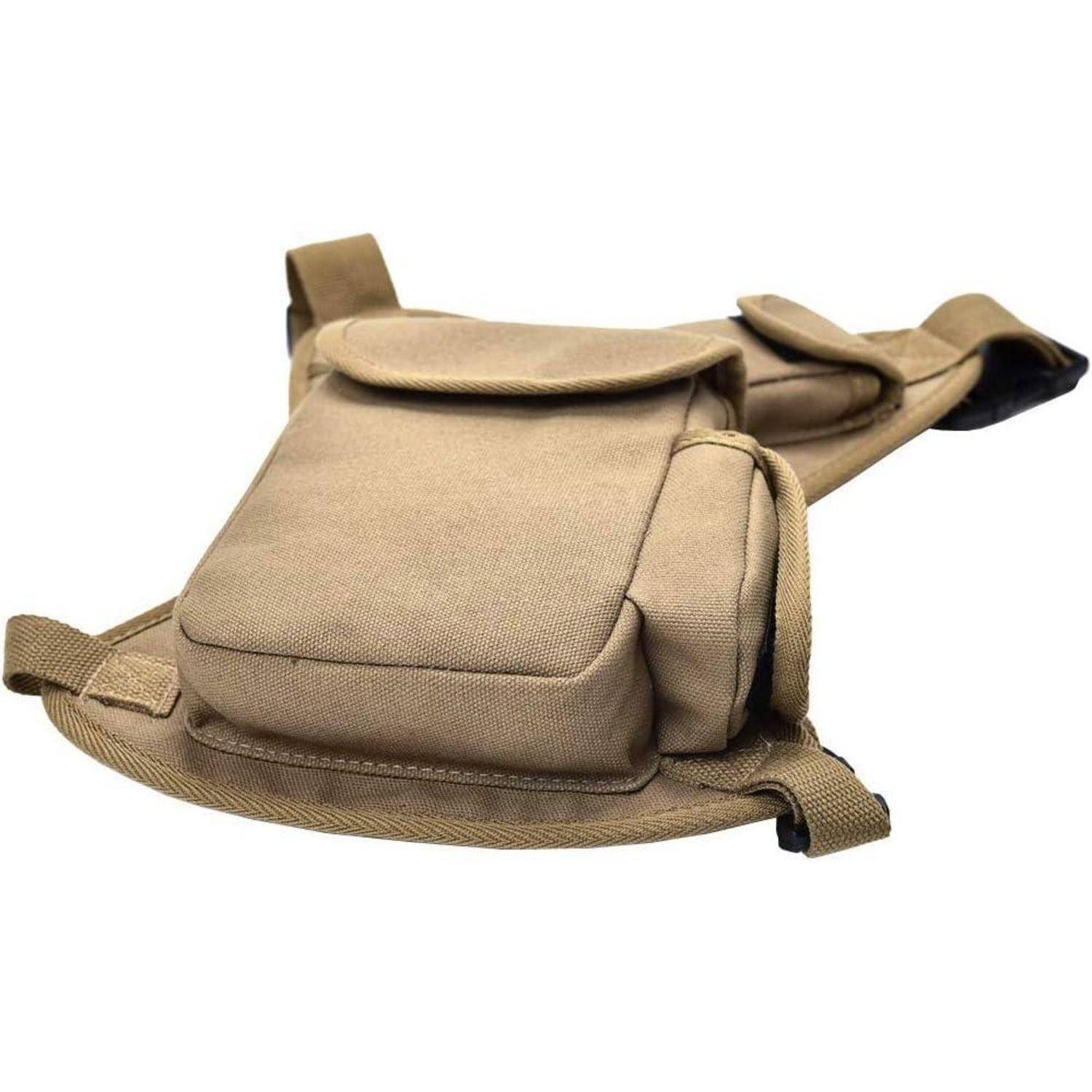 Beige taktische Oberschenkel-Abwurftasche mit verstellbaren Riemen und mehreren Reißverschlusstaschen auf weißem Hintergrund