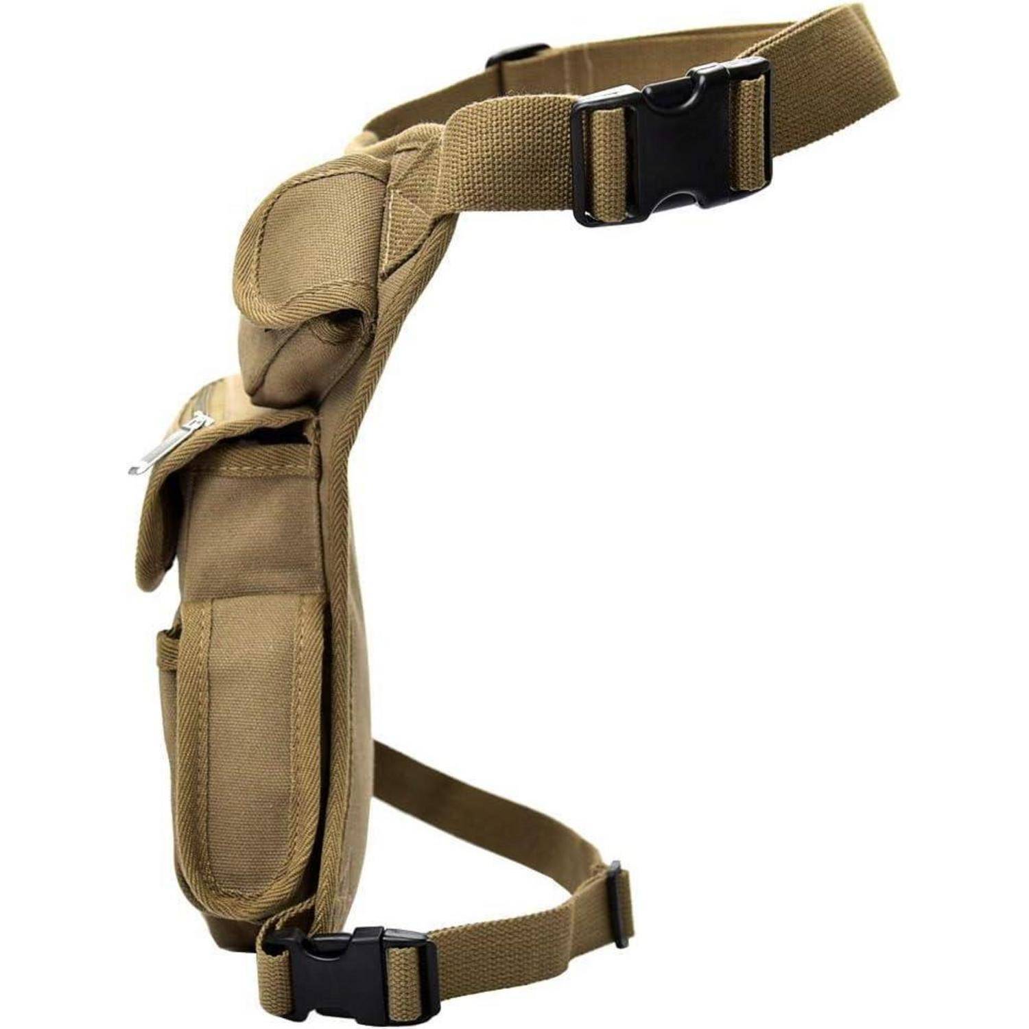 Taktische Beinhüfte in Tan mit verstellbaren Riemen und schwarzen Schnallen auf weißem Hintergrund.