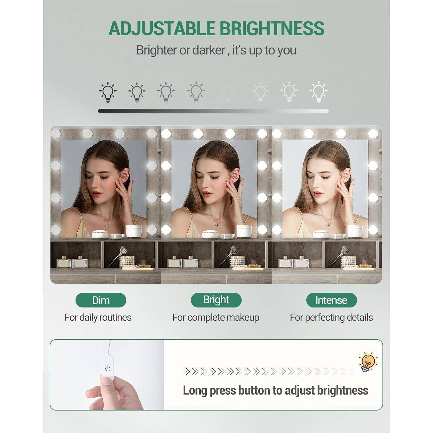 Produktgrafik zeigt verstellbare Helligkeit für einen Schminkspiegel mit drei Lichtstufen mit den Bezeichnungen Gedimmt, Hell und Intensiv sowie der Anleitung „Taste lange drücken, um die Helligkeit anzupassen