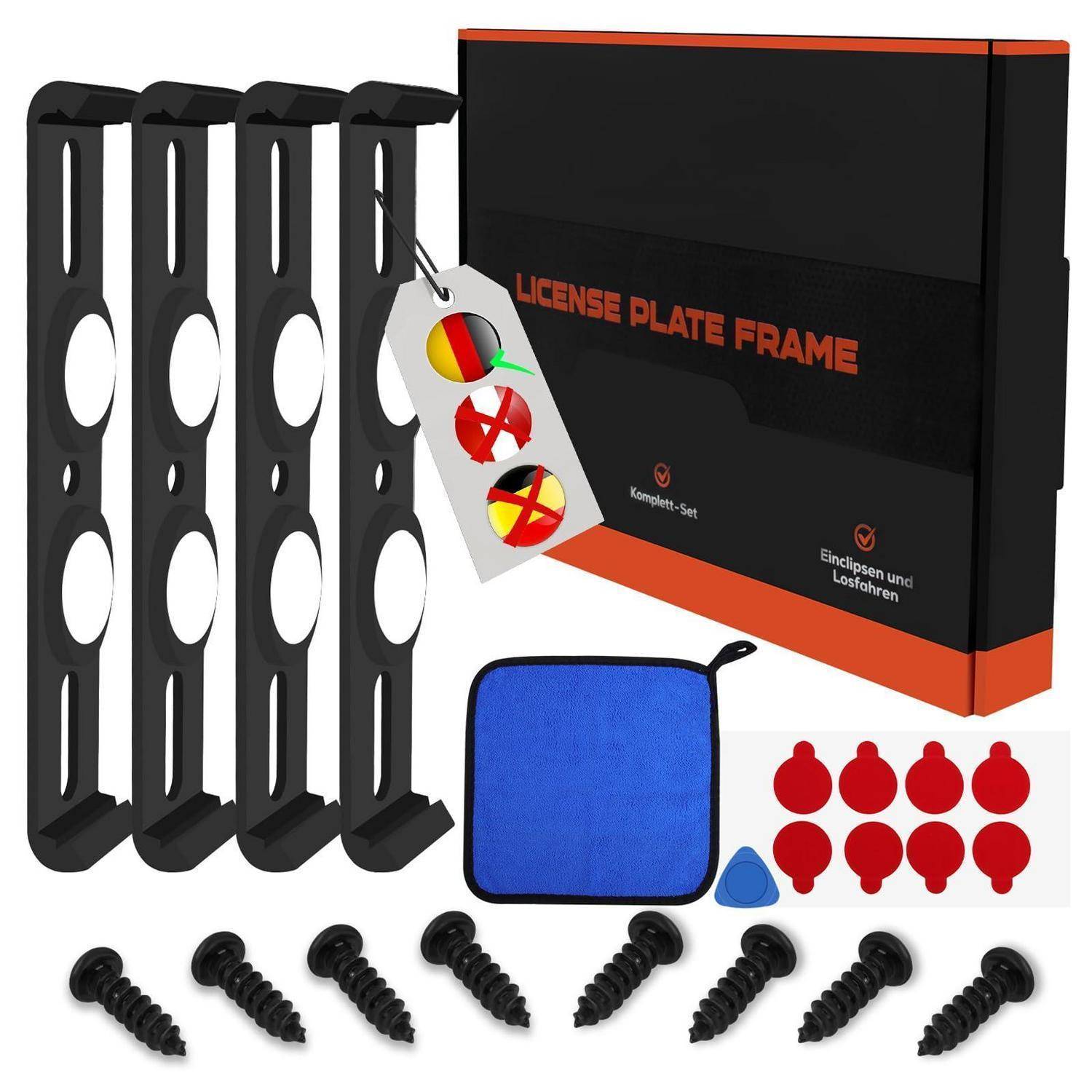 Kennzeichenrahmen-Set mit vier schwarzen Rahmen, schwarzer Box mit orangefarbener Beschriftung, blauem Tuch, rot-blauem Aufkleber und Befestigungsschrauben.