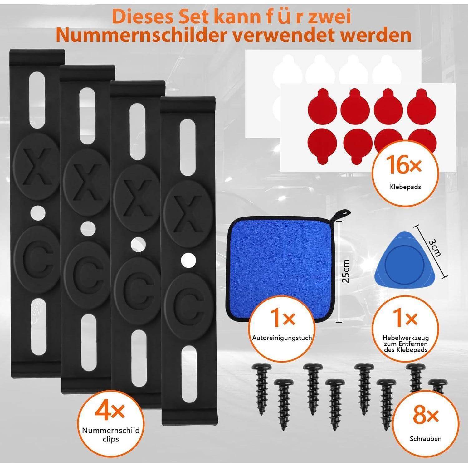 Produktinhalt-Abbildung für ein Kennzeichenhalter-Set: 4 schwarze Kennzeichenclips, 16 Klebepads, 1 blaue Aufbewahrungstasche, 1 Abzieher und 8 Schrauben mit Größenbezeichnungen.