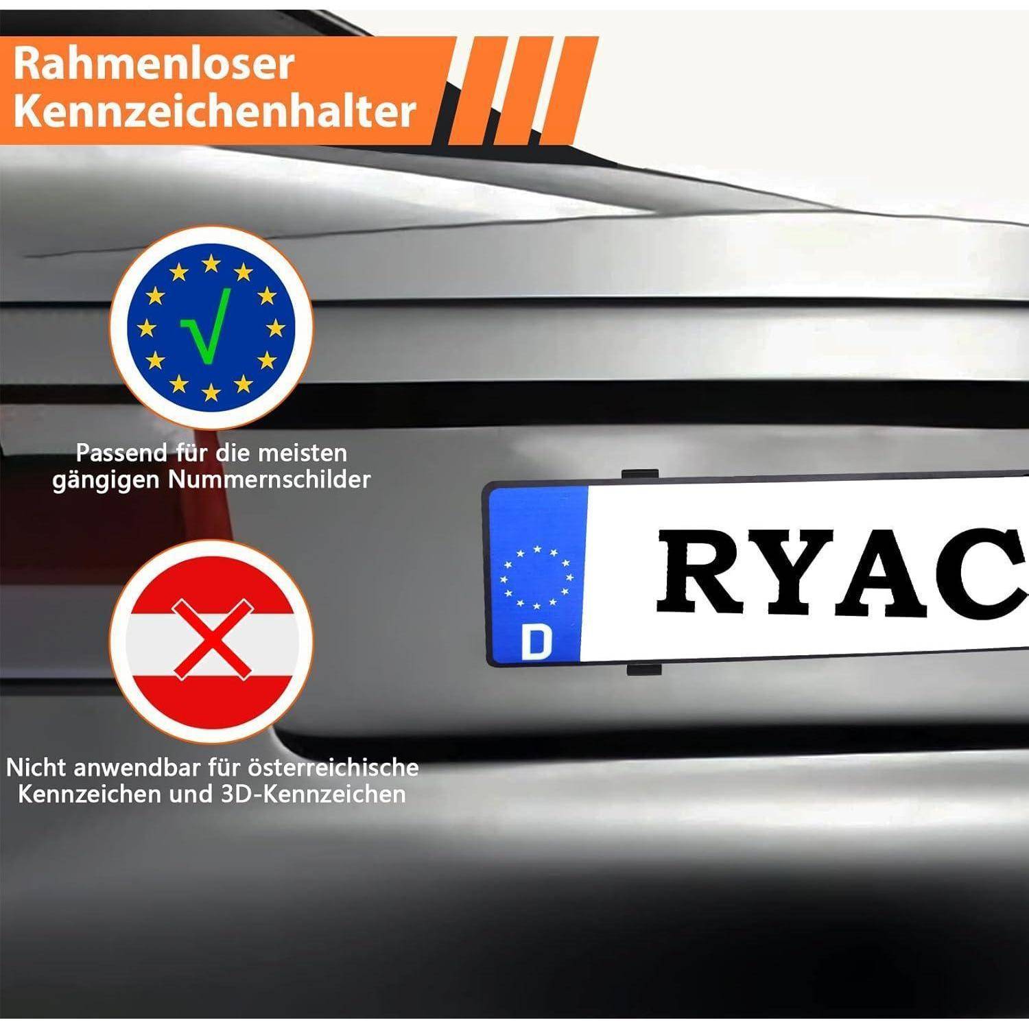 Werbebild einer rahmenlosen Kennzeichenhalterung an einem Auto, das ein europäisches Kennzeichen mit Gültigkeitsvermerk zeigt und ein rotes X warnt, dass es für österreichische oder 3D-Kennzeichen nicht geeignet ist.