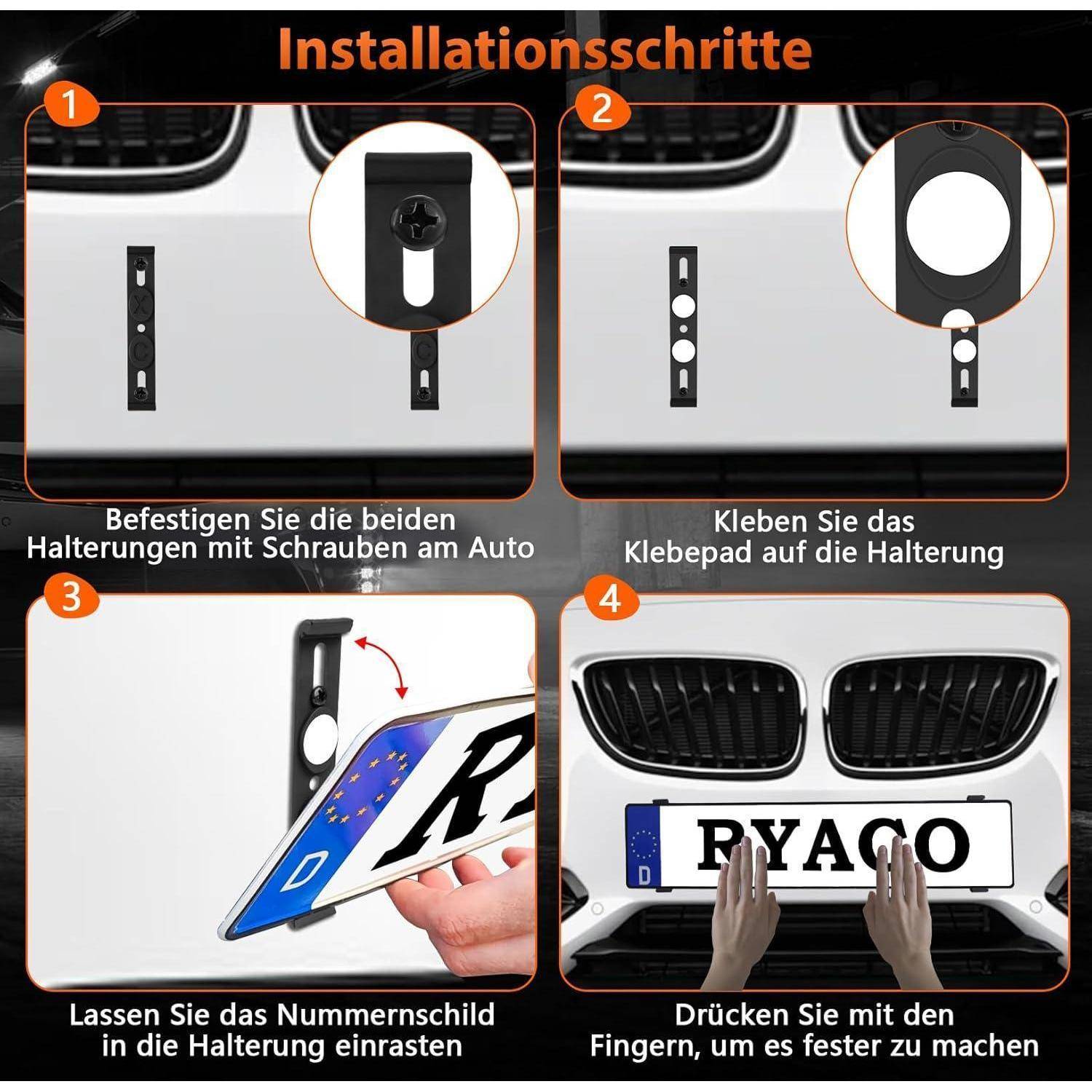 Anleitung: Grafische Darstellung zur Installation einer Kfz-Kennzeichenhalterung in vier Schritten: Halterungen anschrauben, Klebepads anbringen, Kennzeichen einrasten lassen, dann zum Sichern andrücken.
