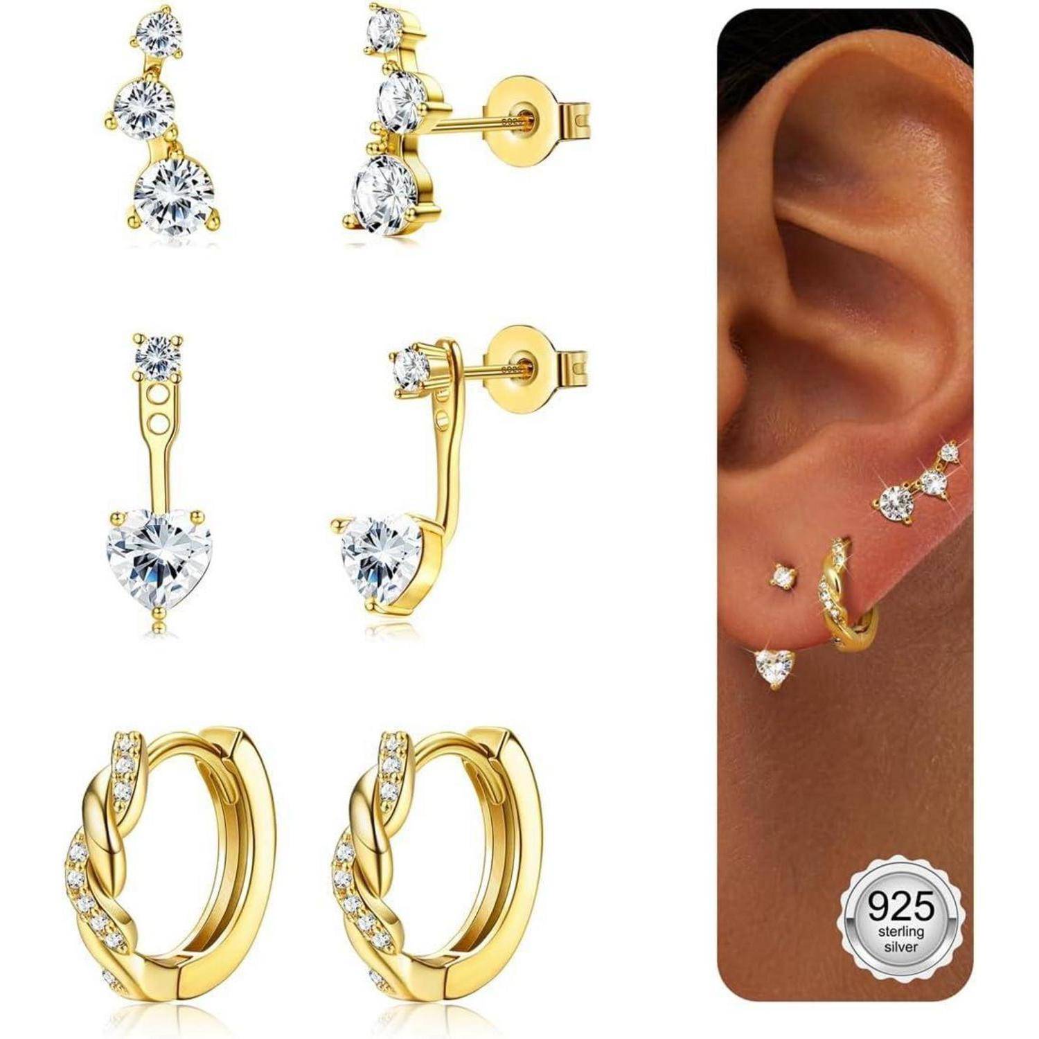 Gold- und Kubikzirkonia-Ohrringe, die in mehreren Stilen gezeigt werden, mit Nahaufnahmefoto einer Person, die die Ohrringe in einem Ohrknorpel- und Ohrläppchen-Piercing trägt.