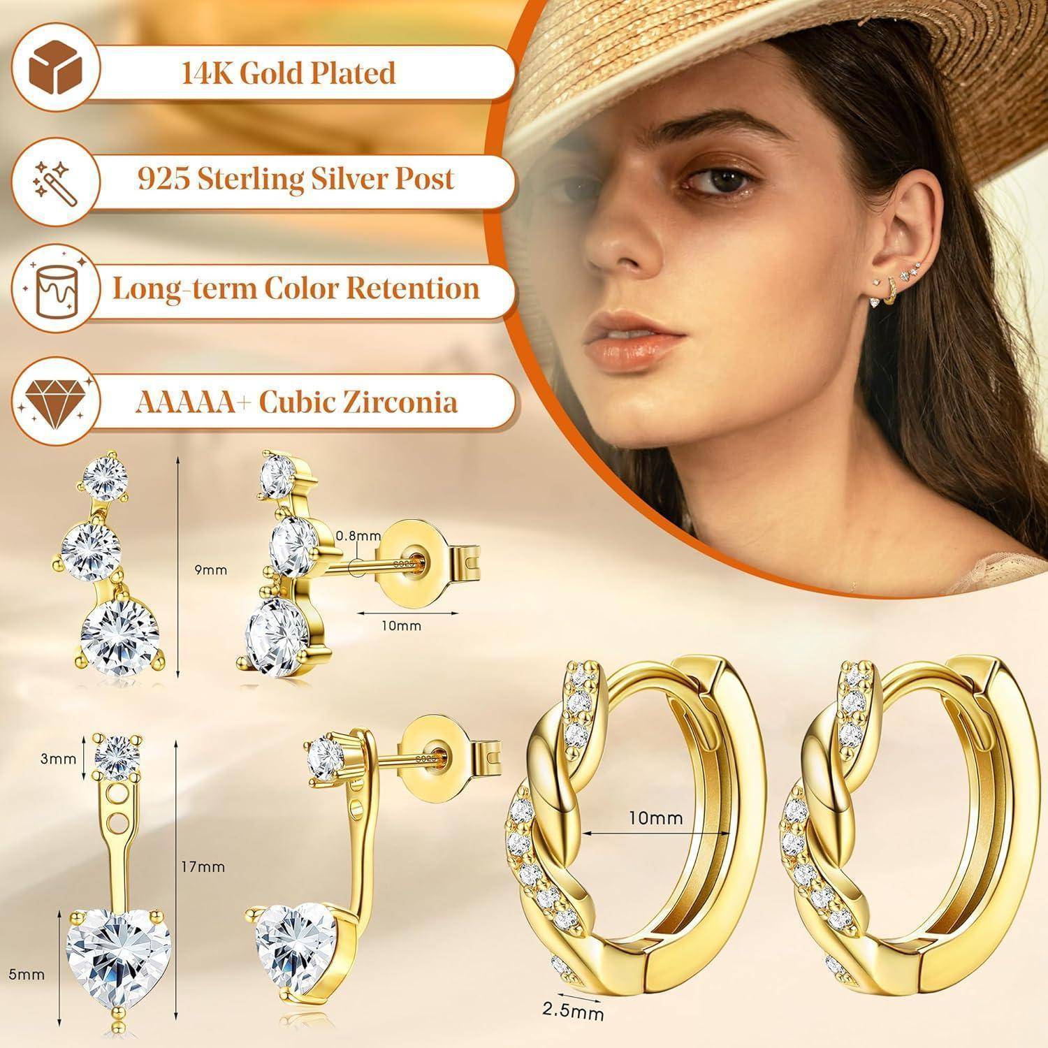 Vergoldete Kreolen mit Zirkonia, gezeigt auf einem Model und in Produktansichten mit Abmessungen und Eigenschaften: 14K vergoldet, Silberpost aus Sterlingsilber, lang anhaltende Farbe.