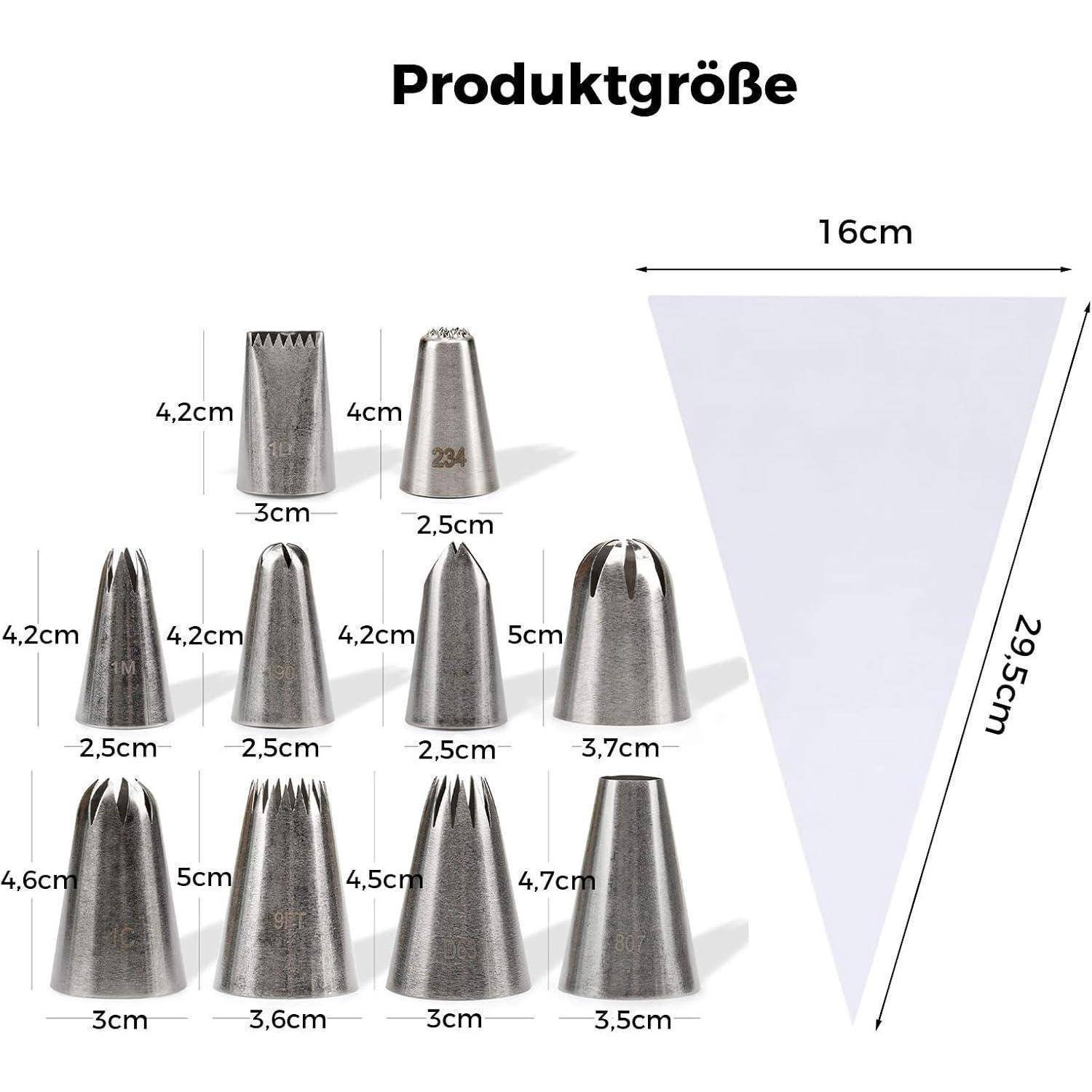 Produktgrößentabelle mit Spritzbeuteltüllen und einer dreieckigen Schablone, mit in Zentimetern beschrifteten Abmessungen für jede Tülle.