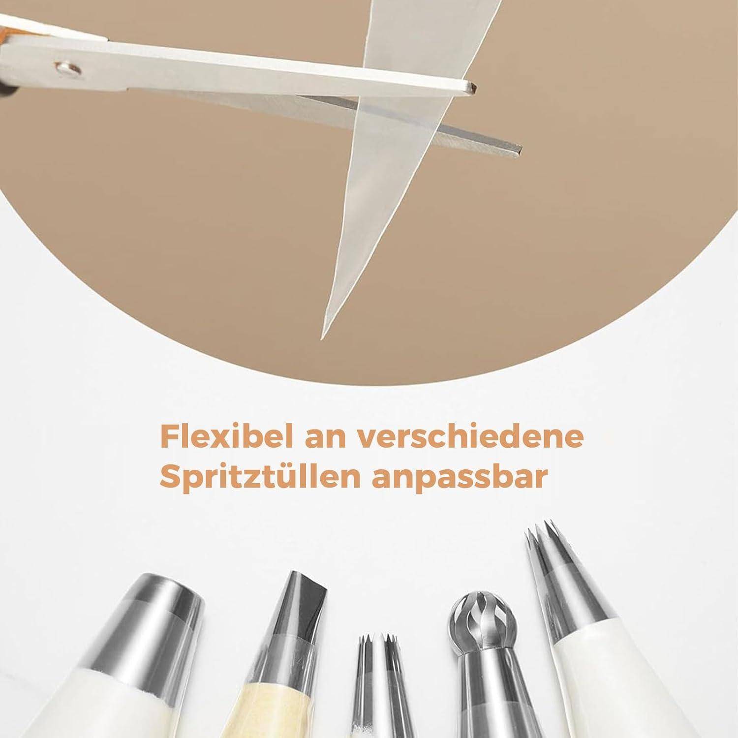 Infografik mit austauschbaren Spritztüllen für einen Spritzbeutel, mit deutschem Text „Flexibel an verschiedene Spritztüllen anpassbar