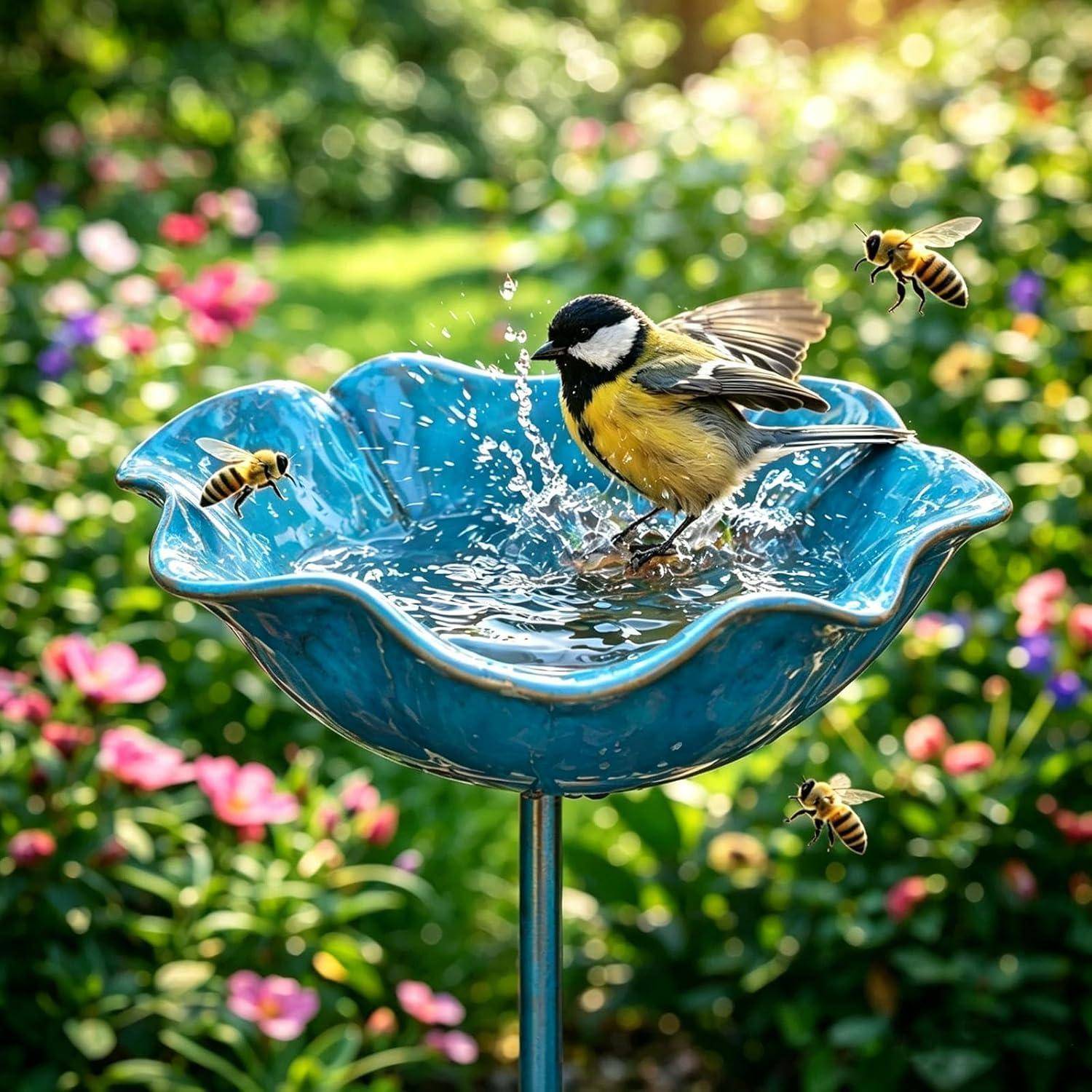 Kleiner Vogel, der in einem blauen Vogelbad im Garten spritzt, mit mehreren Bienen, die in der Nähe fliegen.